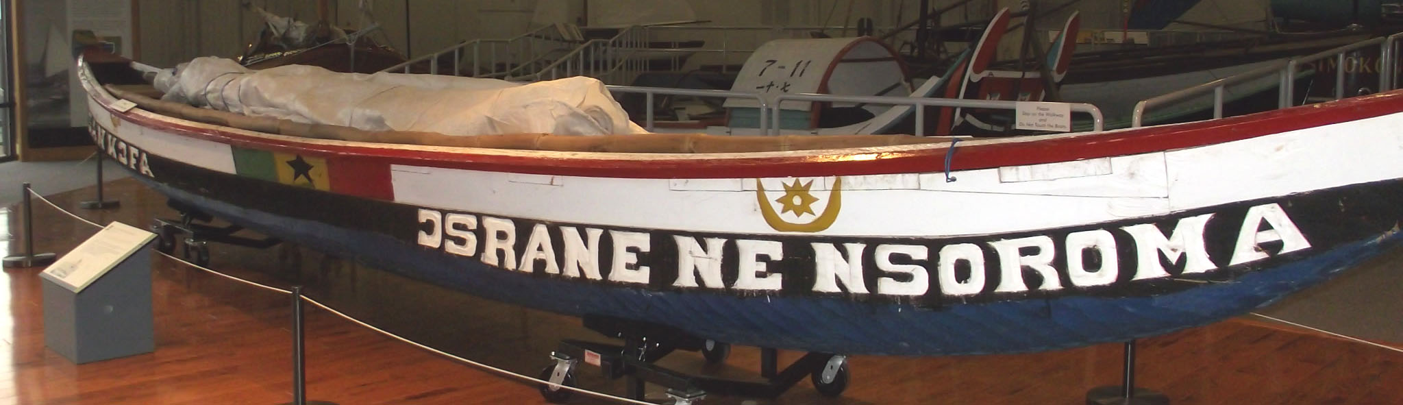 A dugout or ahima (a traditional type of watercraft from the Republic of Ghana) made from a massive tree found in the interior of the country; roughly shaped and then brought out to the coast where it is finished. Ahimas are open sailing dugout canoes for working at sea with lines or a drift net.  This particular dugout was built in 2004 and is in the collection at The Mariners' Museum.