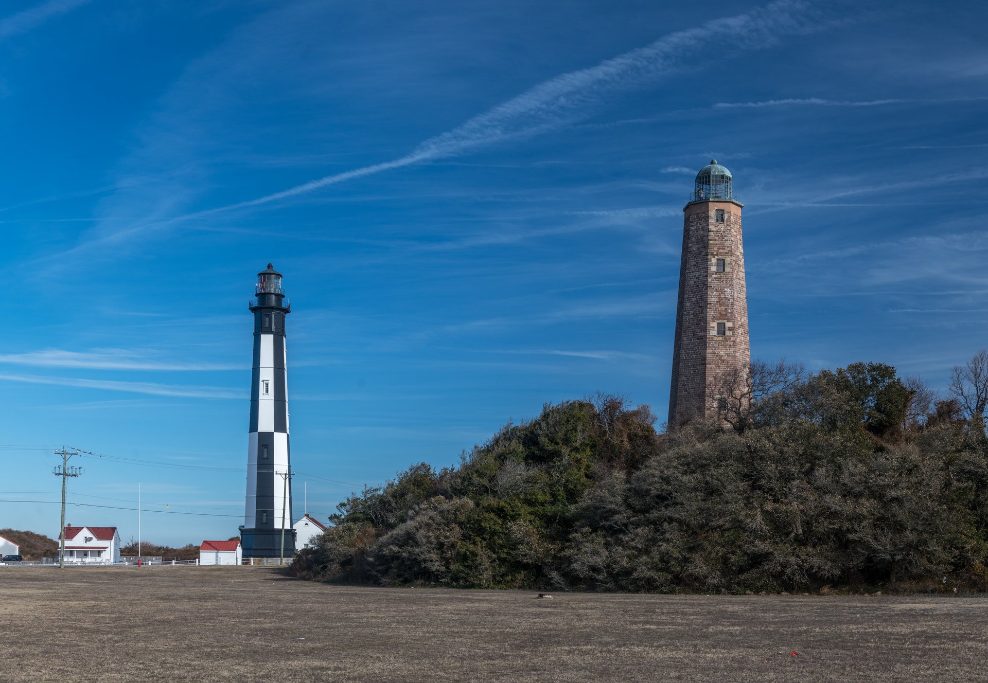Both Cape Henry Lighthouses, 1881 on left and 1792 on right, Fort Story, Virginia Beach, Virginia.