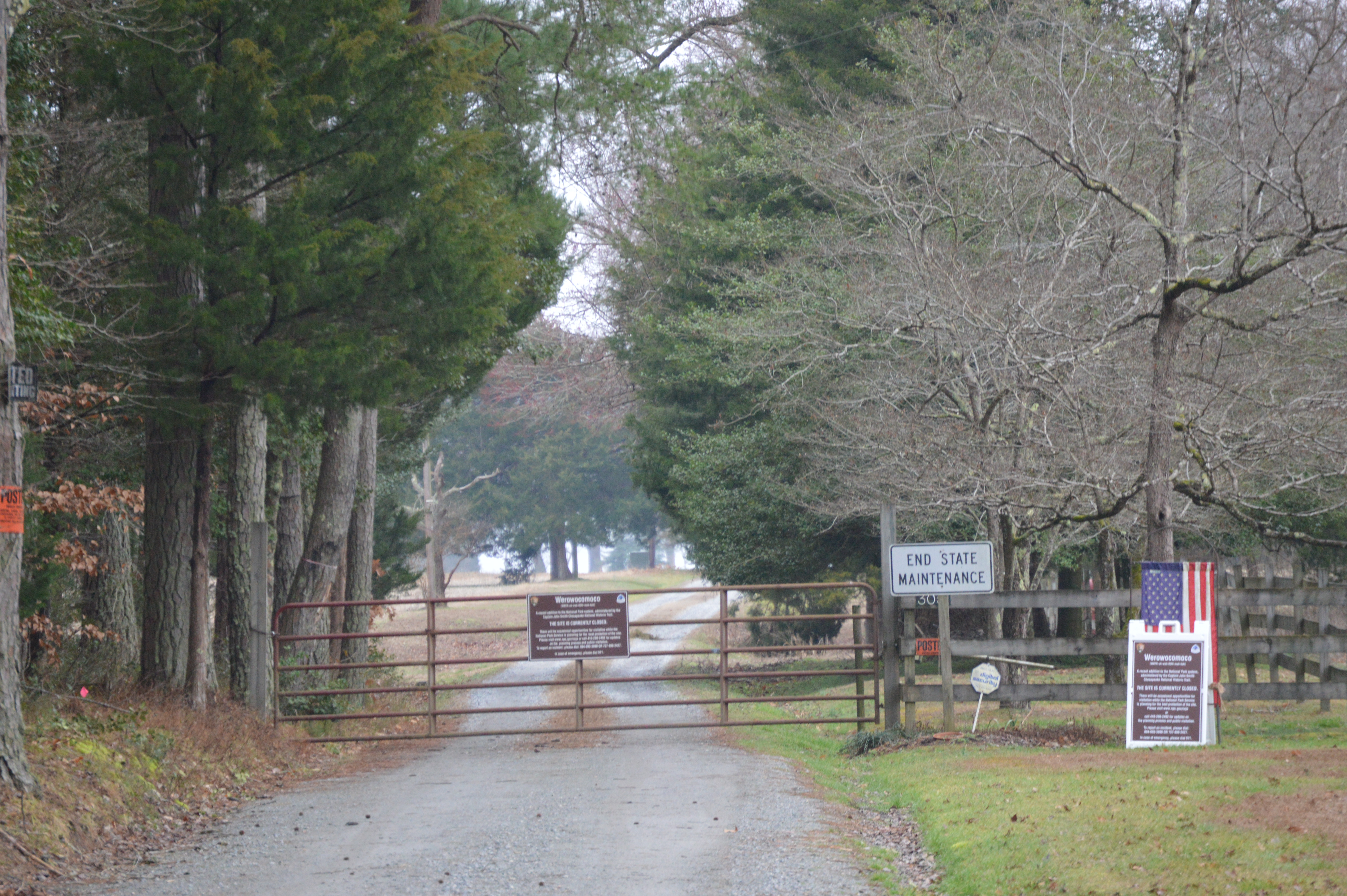 Looking down the driveway toward the site of Werowocomoco, located at the end of Ginny Hill Road west of Gloucester Courthouse in Gloucester County, Virginia, United States.  Now owned by the National Park Service, the site is an archaeological site and has been listed on the National Register of Historic Places.