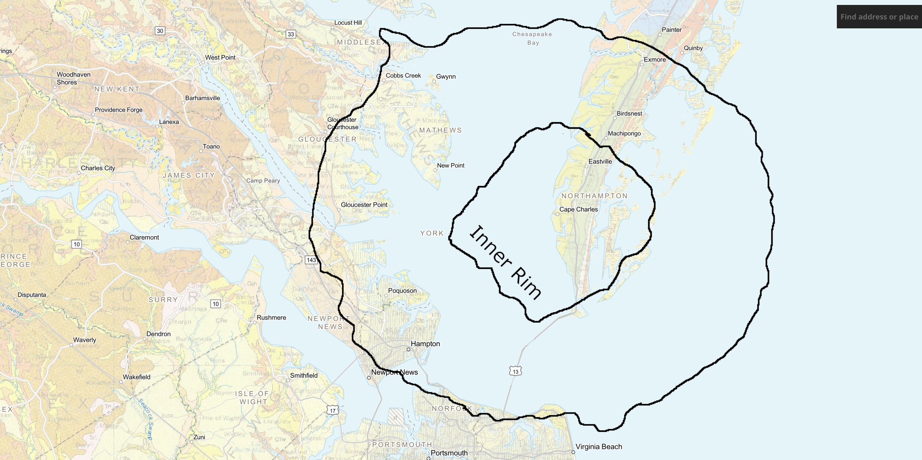 Boundaries of the Chesapeake Bay impact crater taken from the usgs site.