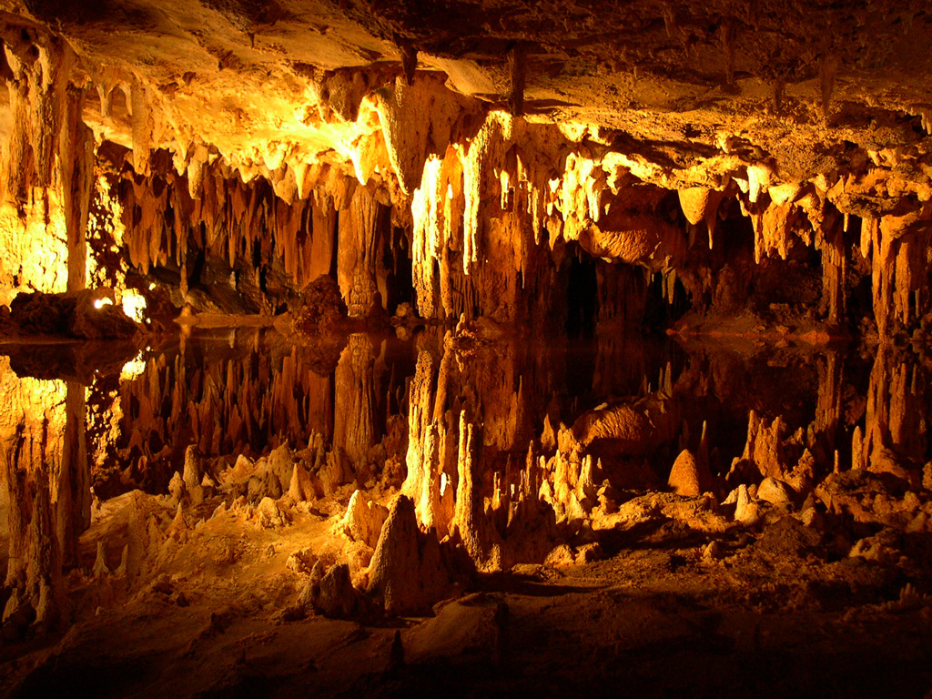 Reflecting lake in the Luray caverns in the northern Shenendoah valley. Formations were likened by our guide to various Disney characters...
