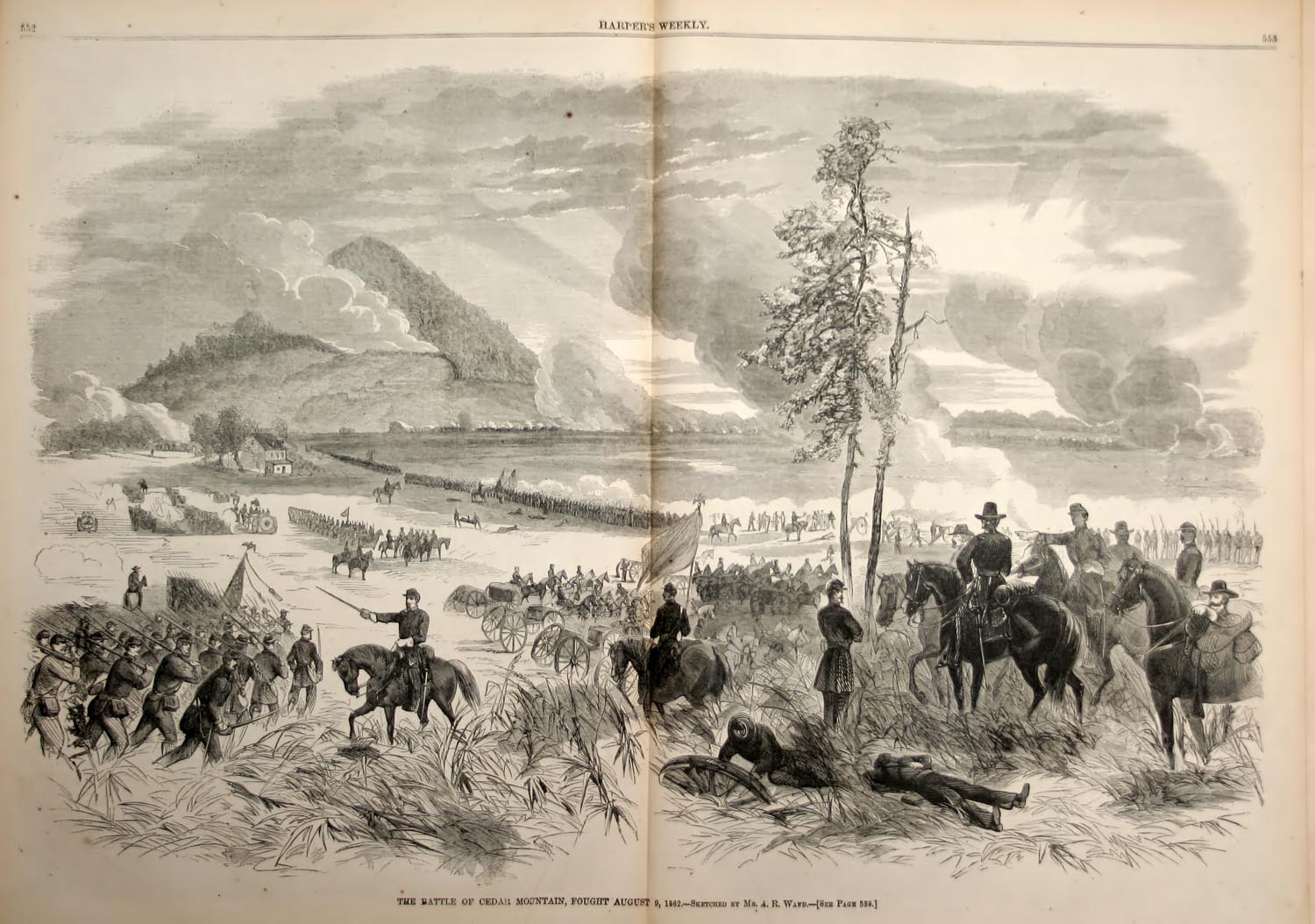 Engraving of the Battle of Cedar Mountain, 9 August 1862, from a sketch by Alfred R. Waud, who was with the Union Army during this battle.