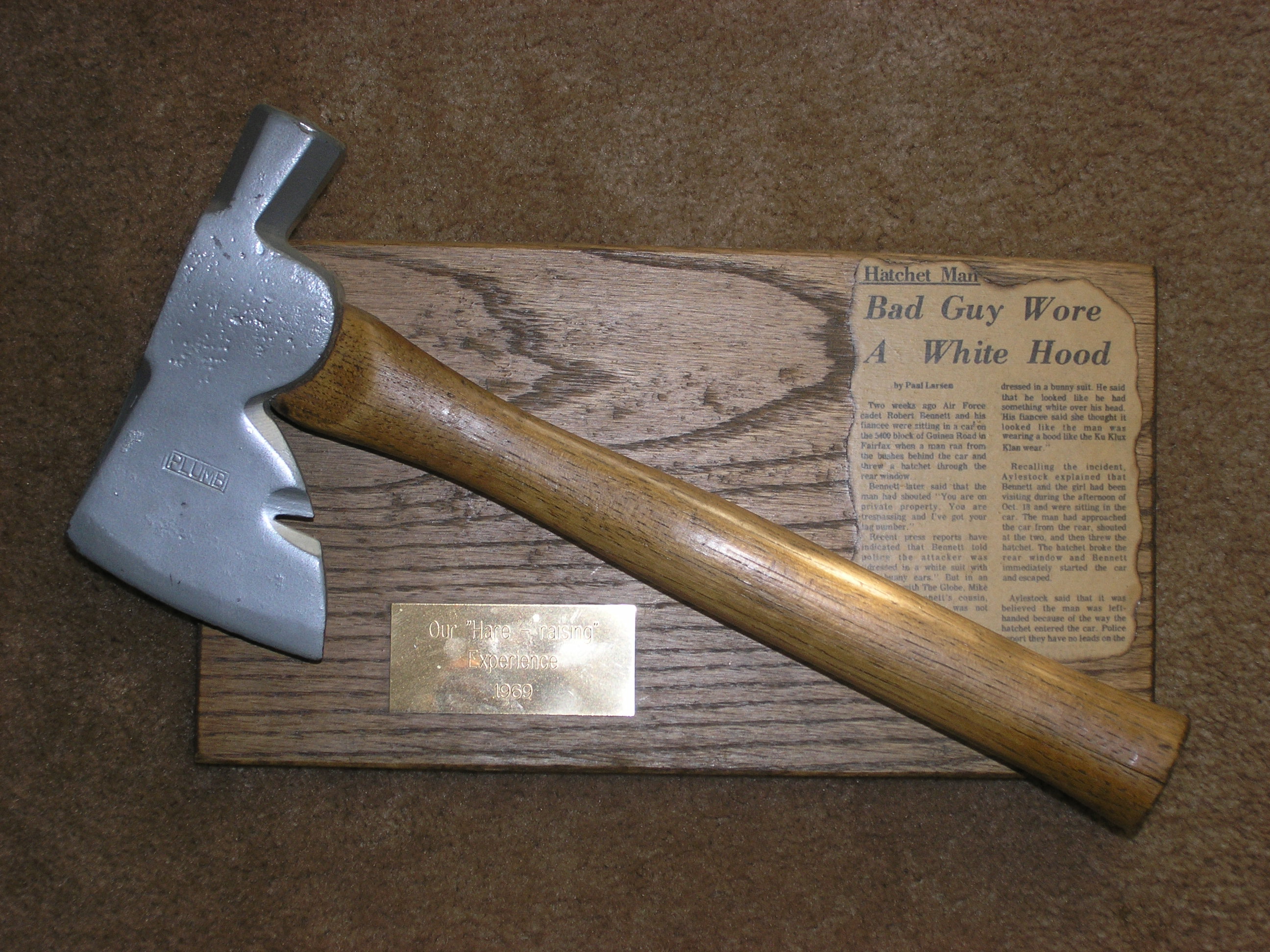 Actual hatchet used by the "Bunny Man" in 1970.