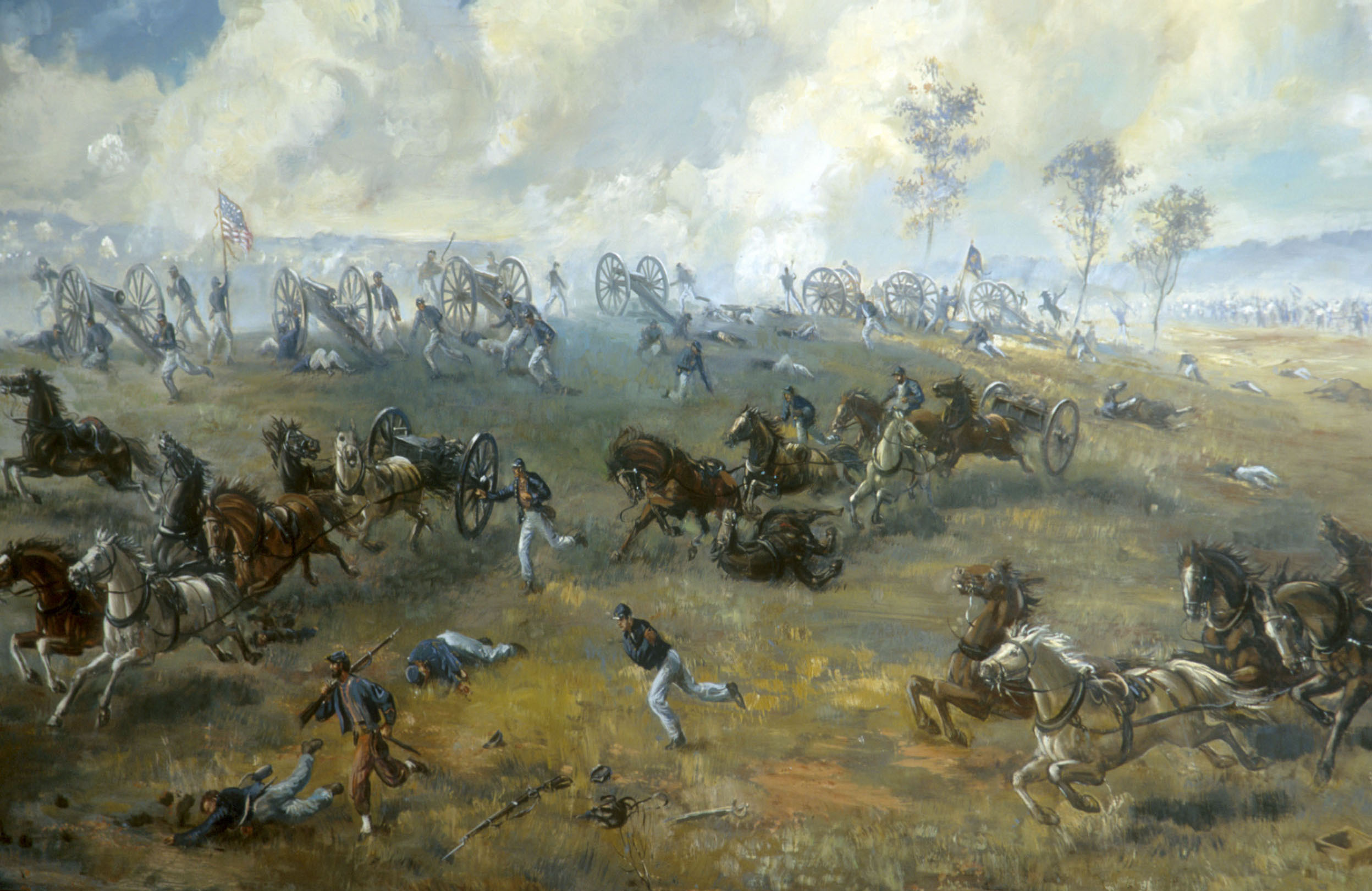 The painting Capture of Ricketts' Battery, depicting action during the First Battle of Bull Run, one of the early battles in the American Civil War. The painting is oil on plywood, and is displayed in the Henry Hill Visitor Center at Manassas National Battlefield Park.