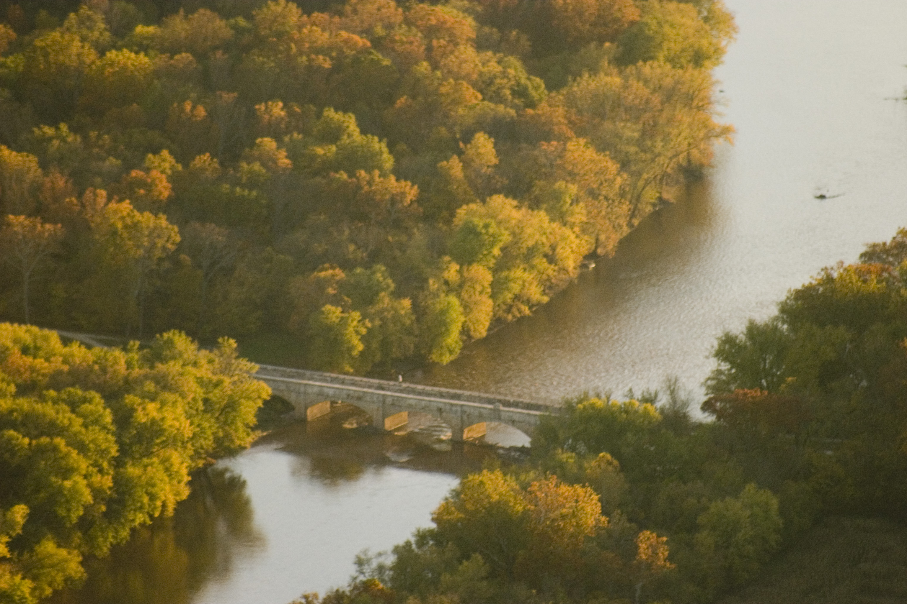 Aerial view of Monocacy Aqueduct. The aqueduct carries the Chesapeake and Ohio Canal across the mouth of the Monocacy River as it empties into the Potomac River.