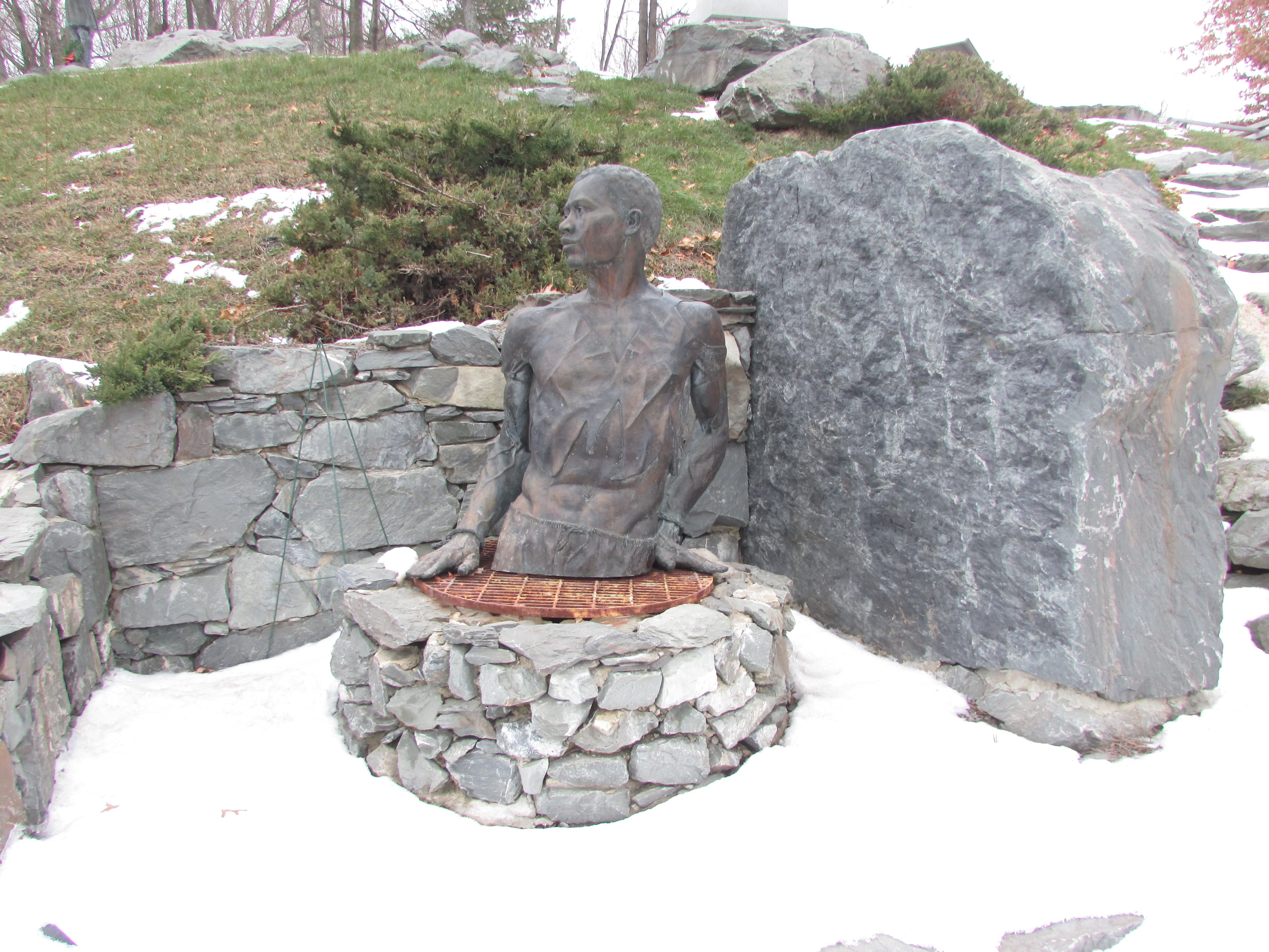 Statue titled "North to Freedom" at Chamberlain Freedom Park in Brewer Maine. This statue is meant to commemorate the role of John Holyoke in the Underground Railroad. The John Holyoke house is believed to have had a tunnel that extended from the house to the Penobscot River.