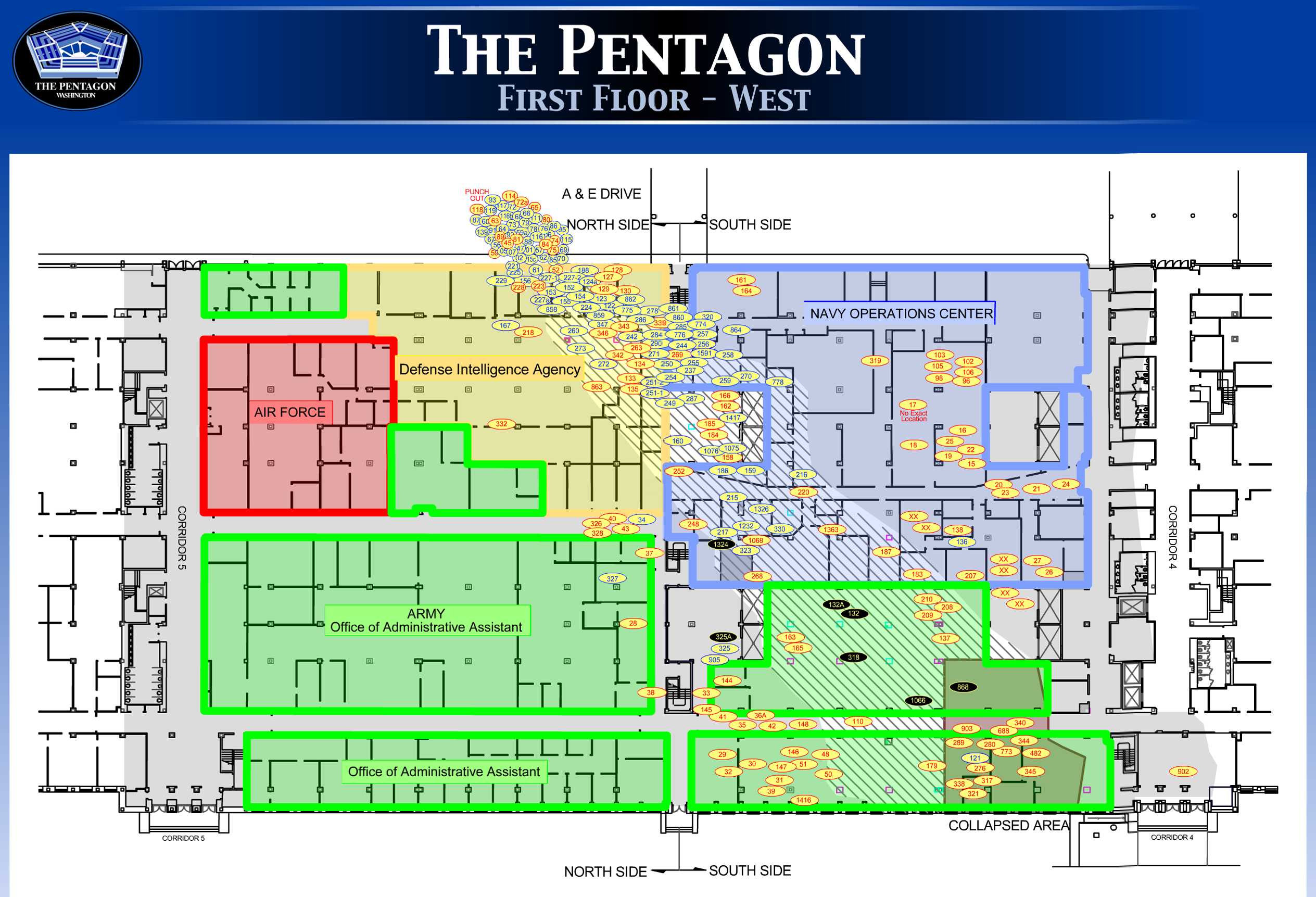 Screenshot of Flash Presentation depicting where body fragments were found on the first floor of the Pentagon after Flight 77 hit. This was used in the trial of Zacarias Moussaoui. Legend: Blue lettering are remains from Flight 77 passengers and crew, red lettering are remains from Pentagon staff, and black with yellow lettering are remains of the hijackers.