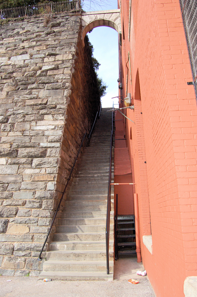 The "Exorcist Stairs" between Prospect Street and Canal Road at the point near the Key Bridge where Canal Road becomes M St. NW in Georgetown, Washington, D.C. Previously known as the "Hitchcock Stairs" and other names.