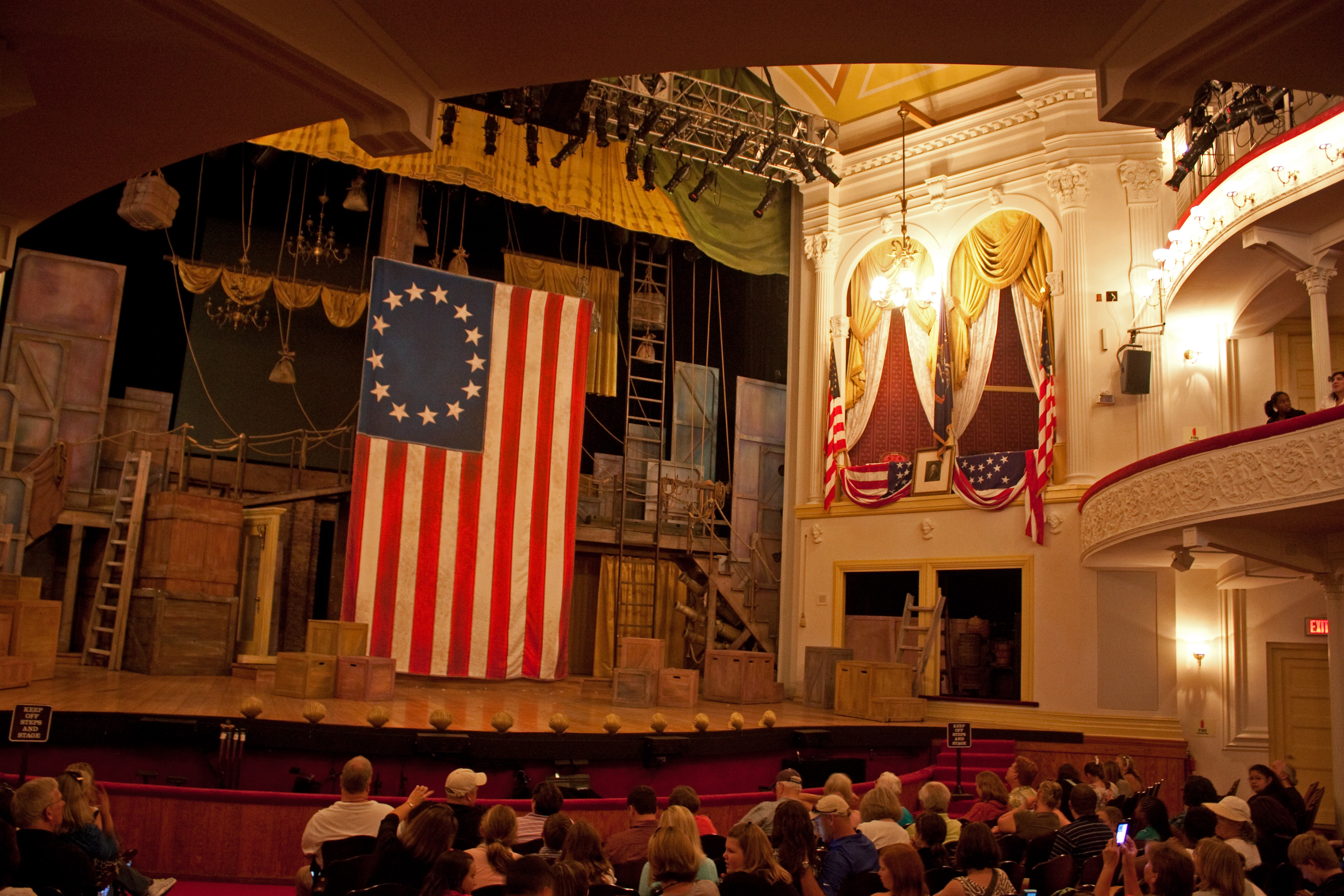 Interior of Ford's Theatre, Washington, D.C., where Abraham Lincoln was assassinated. The presidential box is towards the right. The theatre is still in operation and the stage is set up for a current stage play. The set onstage is for Liberty Smith and was designed by Court Watson. (i.e., it is not set up as it was when Lincoln was shot).