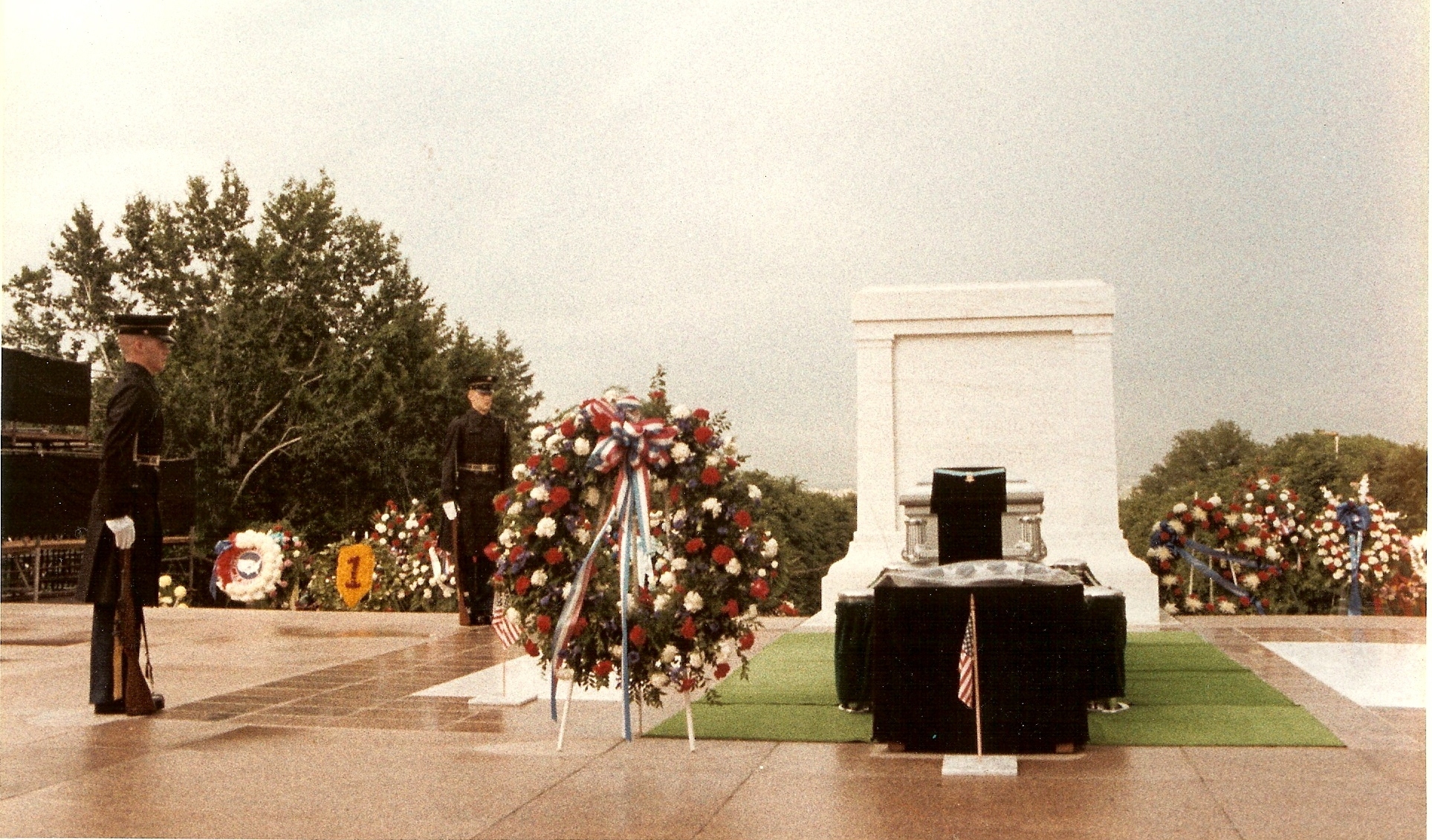 Watch at the Tomb of the Unknowns over the body of the Vietnam War Unknown Soldier. This is my personal picture as I'm the tomb guard in the rear facing toward the camera.