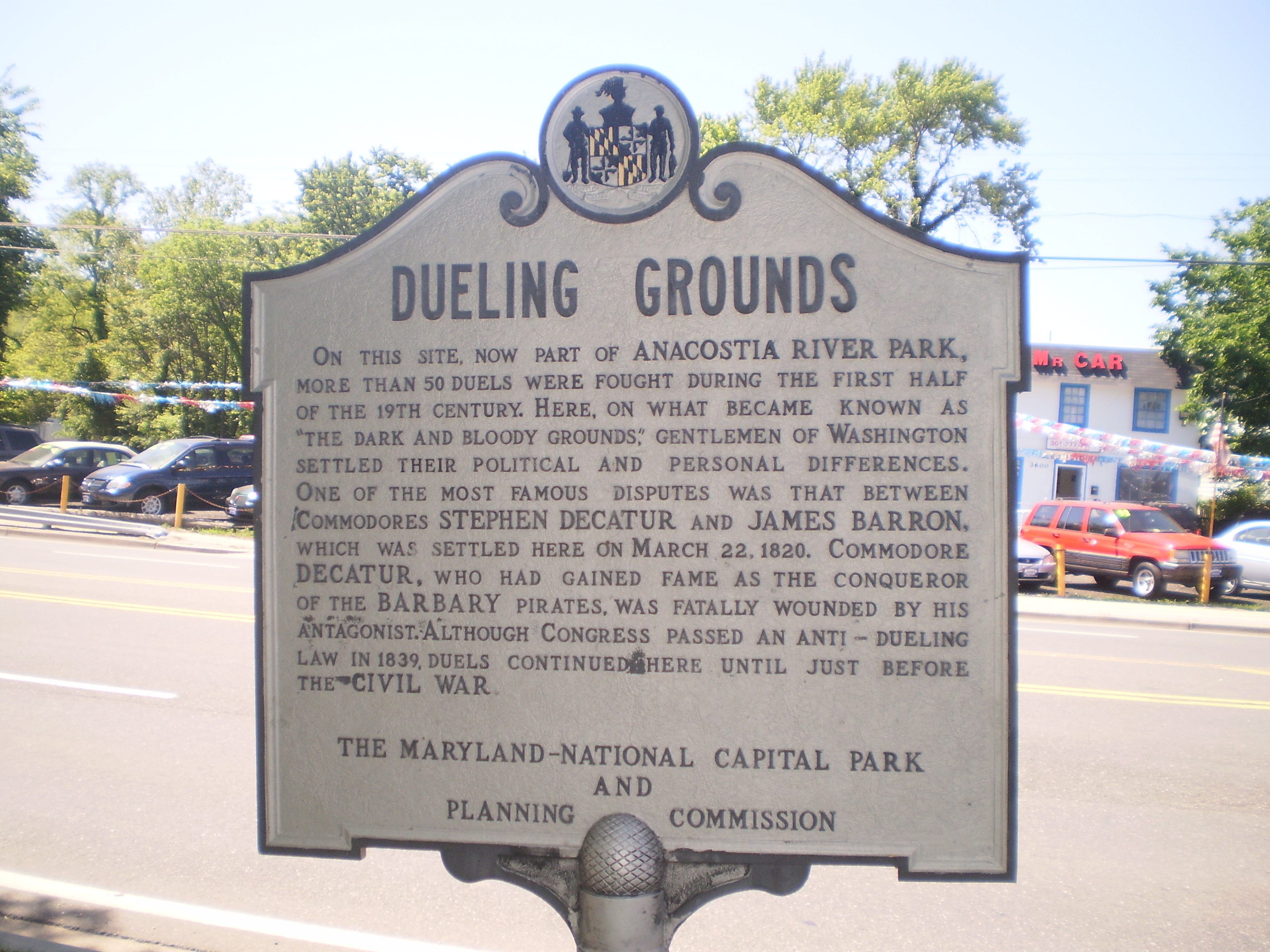 The sign for the Dueling grounds in Brentwood, Maryland.