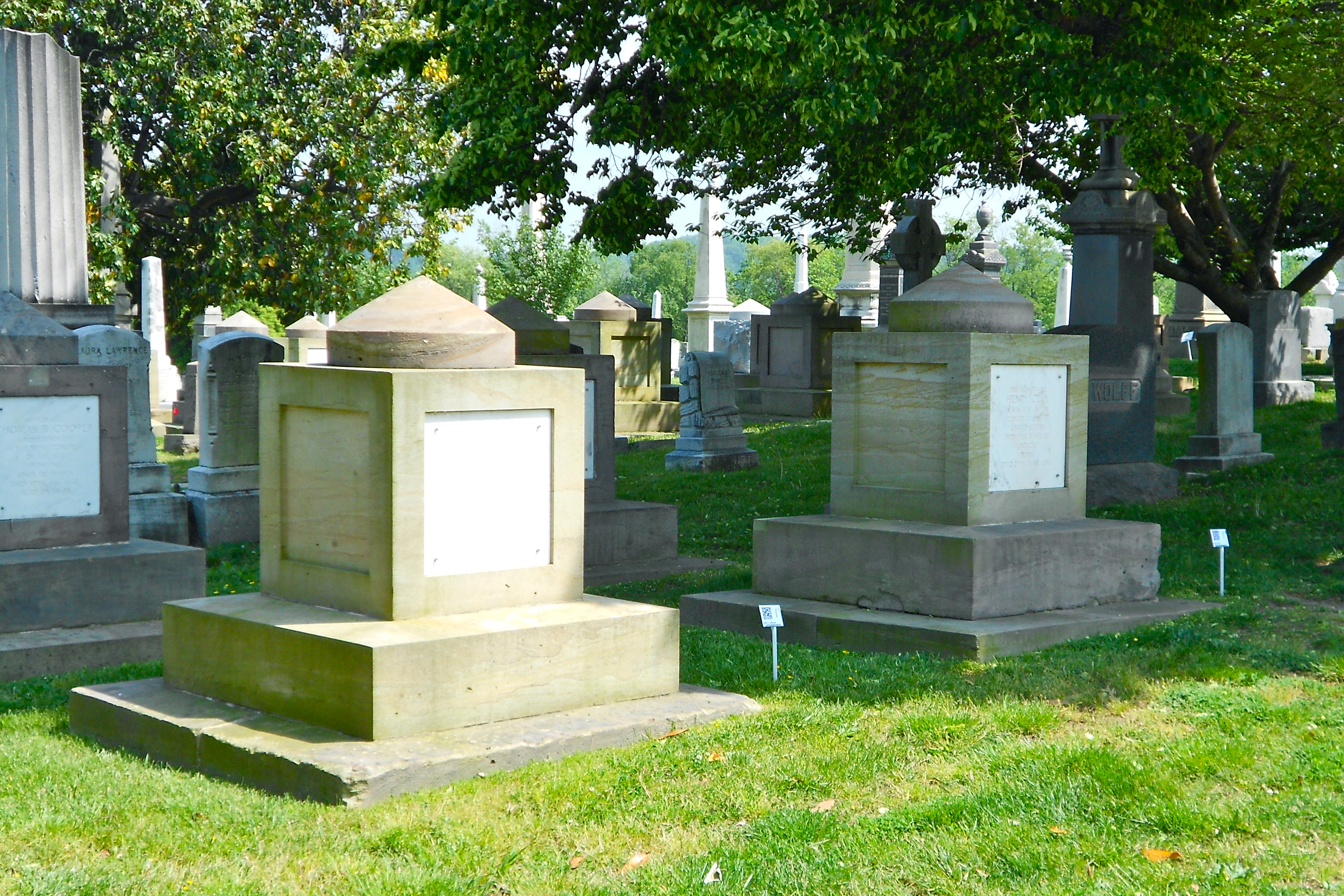 Cenotaphs of John C. Calhoun (left) and Henry Clay at the Congressional Cemetery, Washington, DC.  Note the QR codes to the right of both cenotaphs.