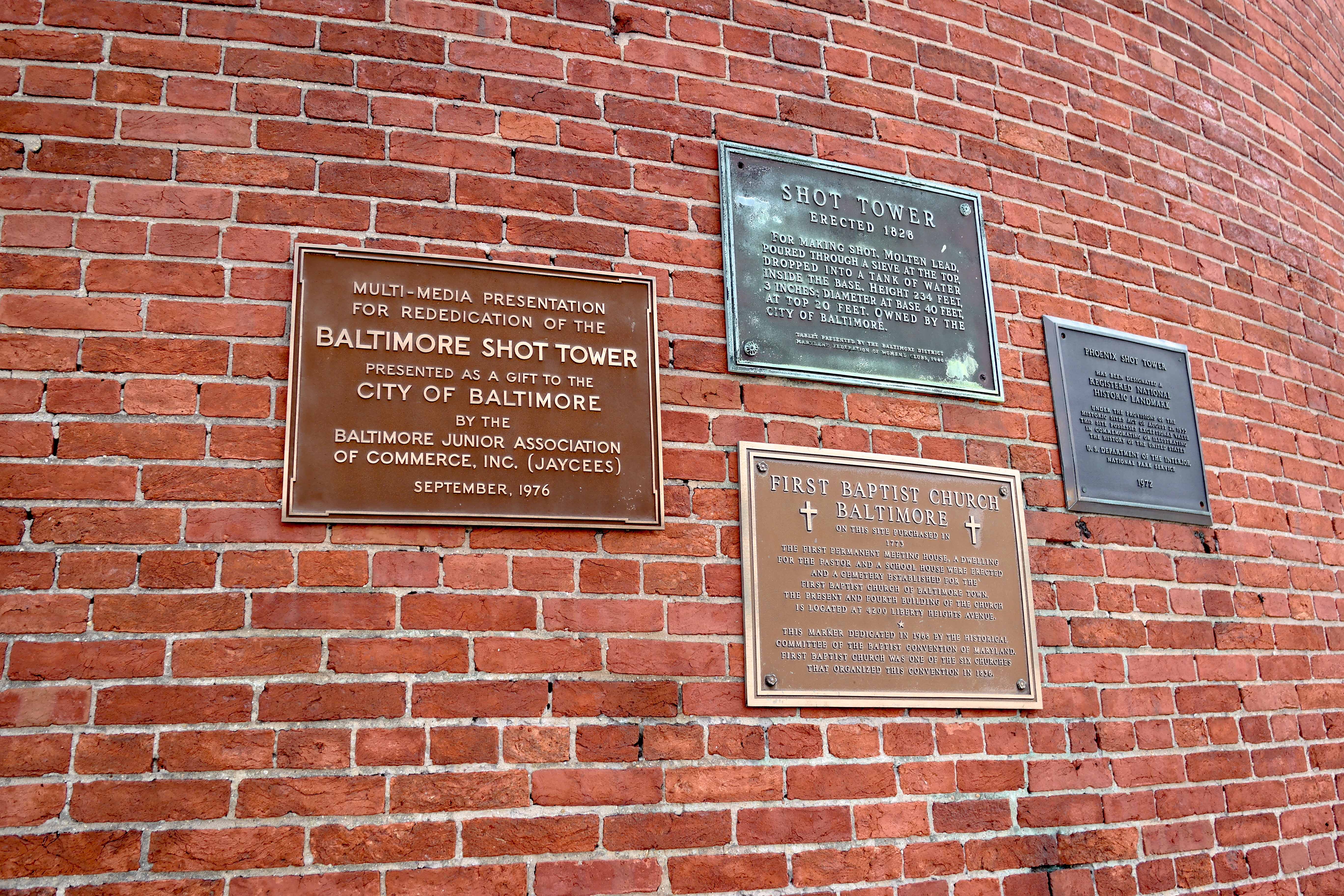 Plaques at the Phoenix Shot Tower, formerly the Merchants Shot Tower, in Baltimore's Jonestown neighborhood