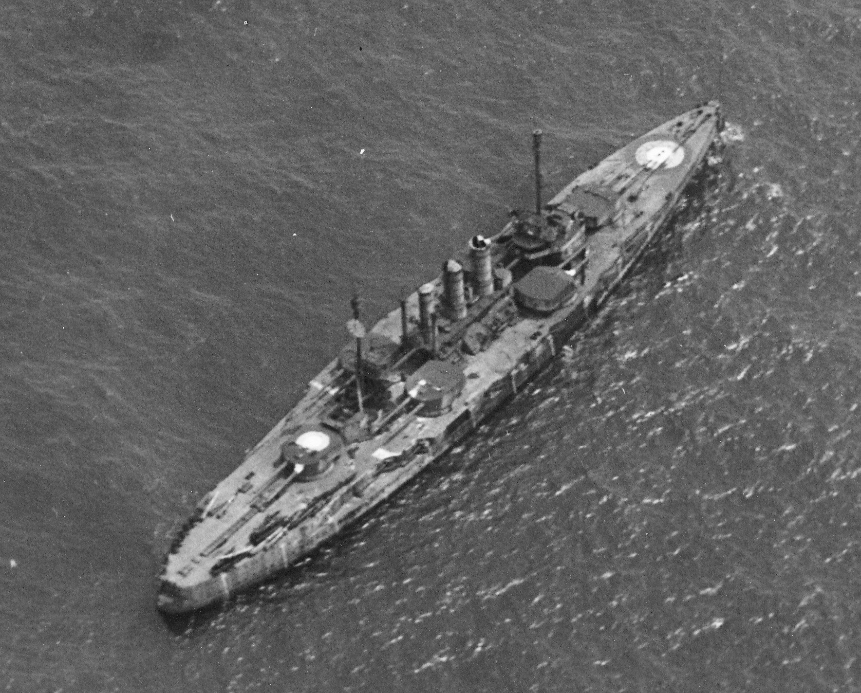 The German battleship Ostfriesland pictured at anchor prior to being attacked by Army Air Service bombers during an evaluation of aerial bombardment of ships off the Virginia Capes. Note the targets visible on the ship.
