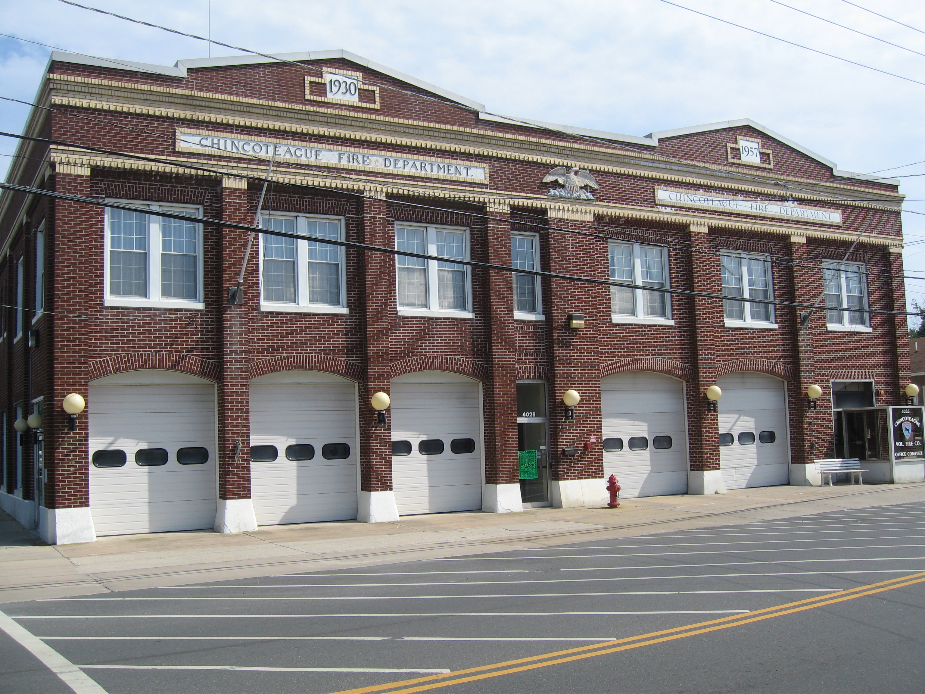 Front view of the Chincoteague Fire Department, 4026/4028 Main Street, Chincoteague Island, Virginia.