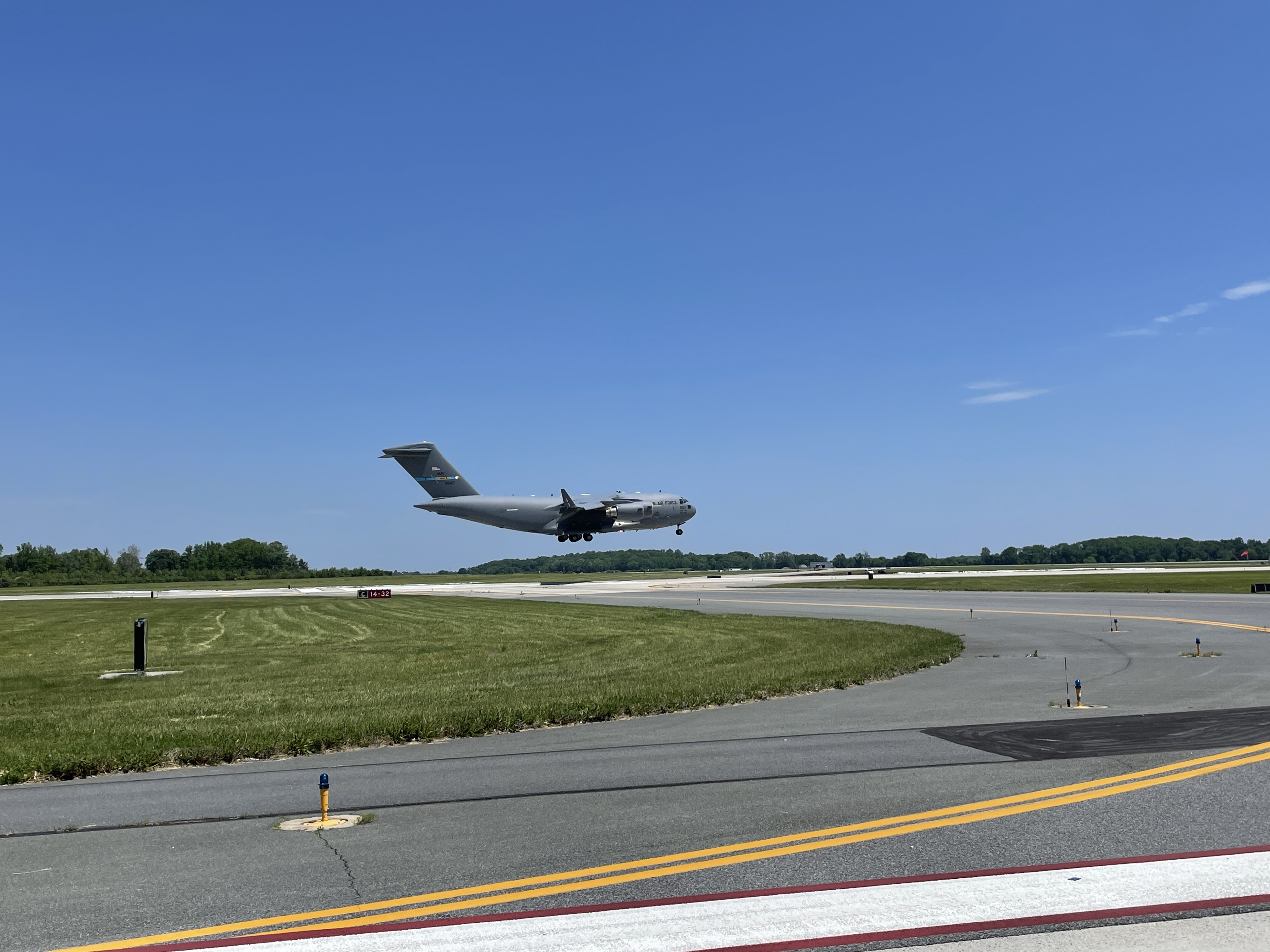 A U.S. Air Force Boeing C-17 Globemaster III landing at Dover Air Force Base in Dover, Delaware during the Thunder over Dover air show