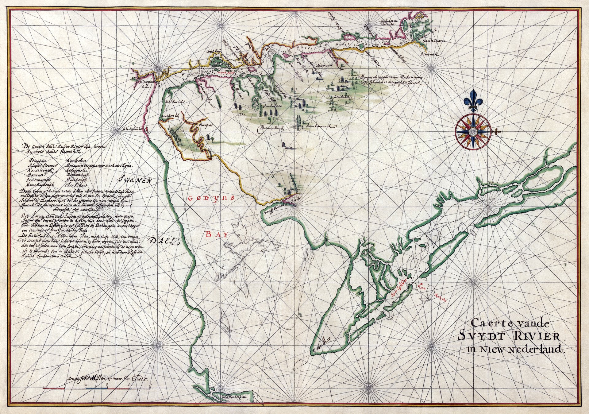 Nautical chart of Zwaanendael ("Swanendael") and Godyn's Bay in New Netherland. Zwaanendael was a patroonship founded by Samuel Godyn, a director of the Dutch West India Company, in 1629. Godyn made his land claim to the West India Company under jurisdiction of the Charter of Freedoms and Exemptions. After a short time, the initial 32 inhabitants were murdered by local Indians and Godyn sold his land back to the West India Company. The West India Company kept the names of the local area, including Godyn's Bay, which eventually became Delaware Bay. Ink and watercolor with pictorial relief.
The text in Dutch at left side of the map reads:
De natien aende Zuydt Rivier syn Groote Sironese Aende Hoerenkil
Sewapois Remkokes Kleyne Siconese Minquaen toegenaemt Machaorikyns. Naraticonck Atsayonck Mantaes Rechaweygh Armewamix Matikongh Momakavaongk Sankikans.

Dese booven geschreeven natien hebben altesaemen vrintschap onder malcander, ende syn meest eenerlay volc ende van Een Spraeck, uytghe sondert de Machaoretijns die so genoemt syn van weegen haar Spraeck die Minquaens is en wil so veel geseyt syn als by ons ouduytsche ofte waellin
Het leeven van deese luyden is volcoomelyck vry. Hear waer segers ofte duyvelpreekers en hebben niet oover haer te seggen haer sakimaen hebben niet te gebieden ende hebben geen autoriteyt om iemant te straffen aen den hals.
De huwelycken en hebben geen clem, meest heeft elck een vrouw., de ooverste meer. Ende licht verlaetten sy haer wyven, die dan vande een tot de ander voor hoer loopen, ordinary verstooten sy de vrouwen als sy bevrucht syn en kinderen gehaelt heeft, ende hier door blyft het lande soober van volck
Translated: The nations at the South Rver are Great Sironese at the Hoerenkil Sewapois Remkokes Small Sironese Minquaen also named Machaorikyns. Naraticonck Atsayonck Mantaes Rechaweygh Armewamix Matikongh Momakavaongk Sankikans.
These above described nations have friendships with each other. And are mostly one people with one language, with the exception of the Machaoretijns that are named like this because of their language that is Minquaens and is as much similar as with us old Dutch or Wallonian. The life of these people is totally free. Their soothsayers or devil preachers have nothing to say over them, their shamans can’t order them and have no authority to give someone a death penalty.

 The marriages are not fixed, most have one wife, the chief more than one. And they leave their women easily, and these will go from one to another like a whore, usually women are disowned after having a child and as a result the population remains low.