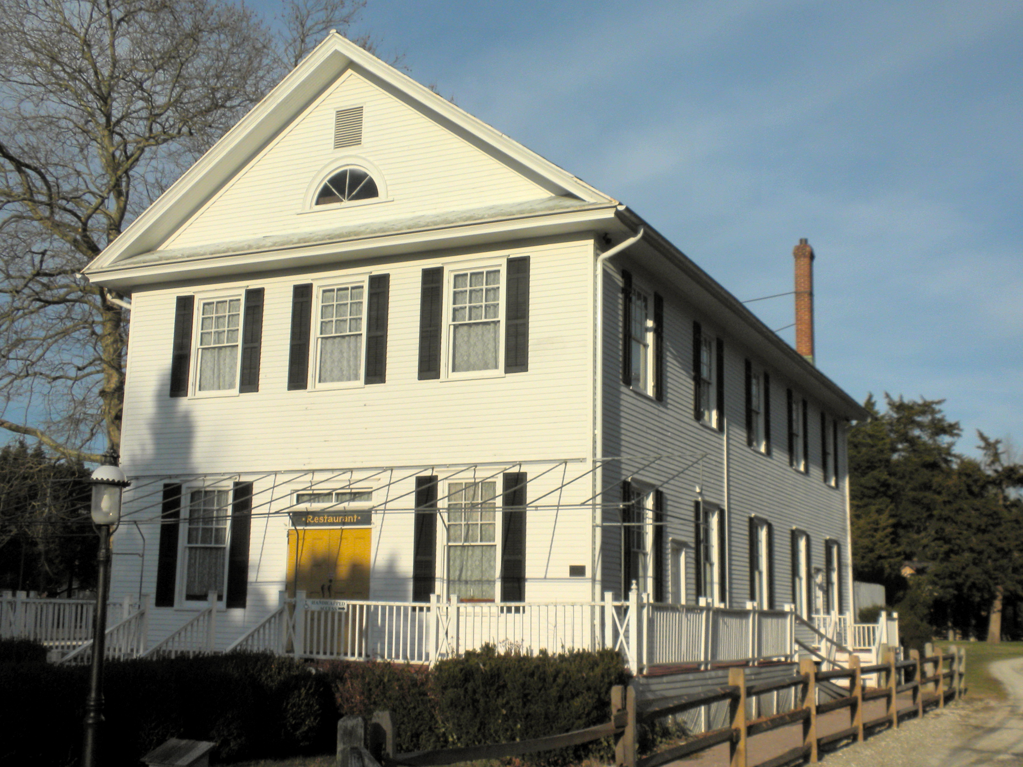 Old Grange building in Cold Spring, Cape May County, New Jersey.  Now operated as a restaurant in an Historic park.  On the NRHP.  On US 9, north of Cape May city.