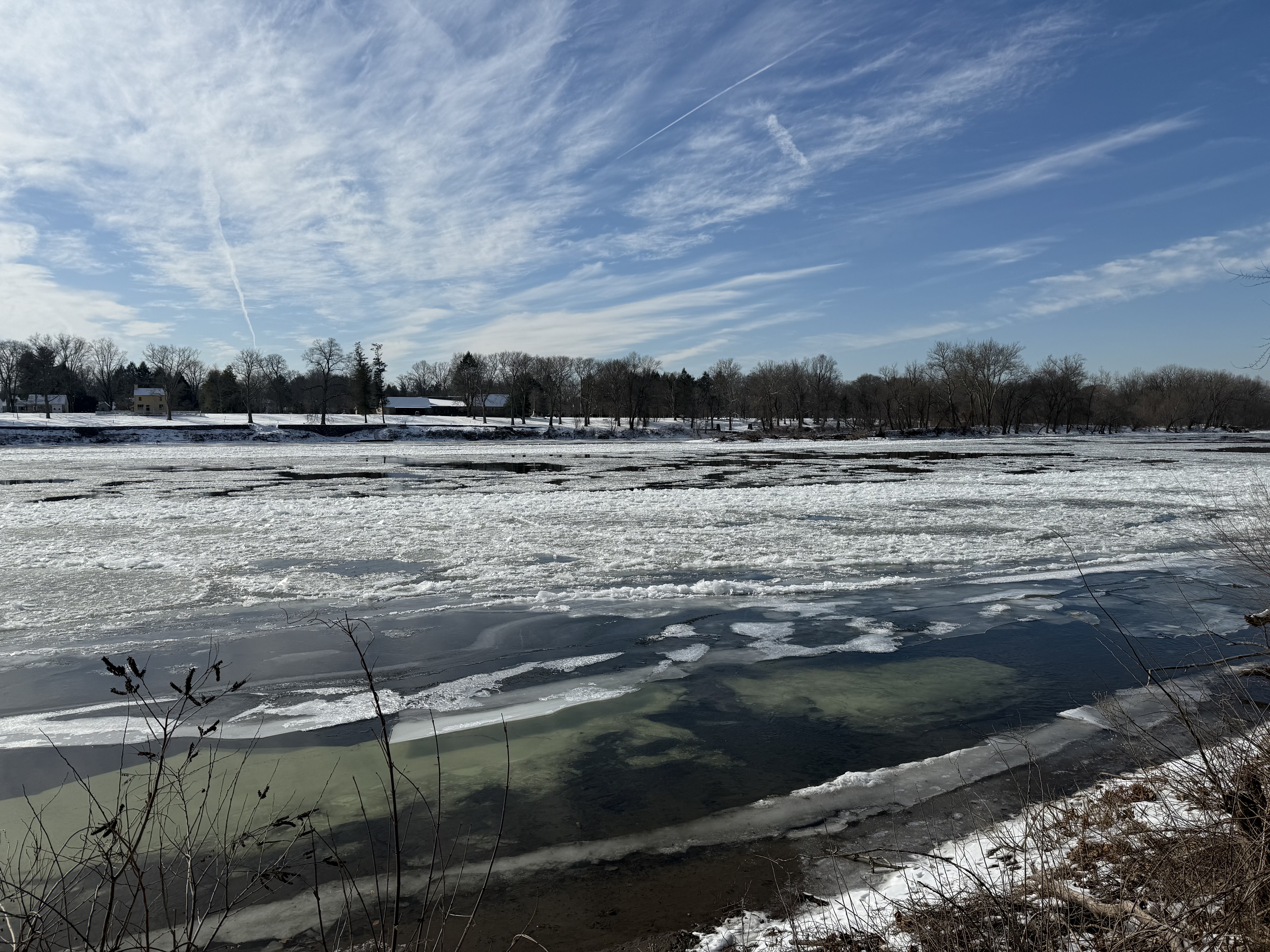 View west across an icy Delaware River from its east bank in Hopewell Township, Mercer County, New Jersey, near the location of Washington's historic crossing in 1776