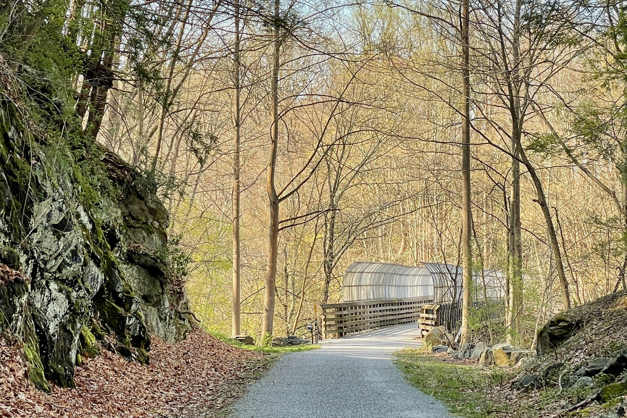 The Columbia Trail approaching the Ken Lockwood Gorge Bridge to cross the South Branch Raritan River in Ken Lockwood Gorge in Lebanon Township, New Jersey.
