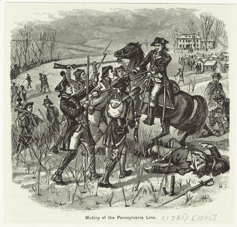 Woodcut of a scene in the Pennsylvania Line Mutiny.