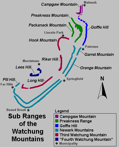 The map above uses color shading to depict the various sub ranges and ridges of the Watchung Mountains.