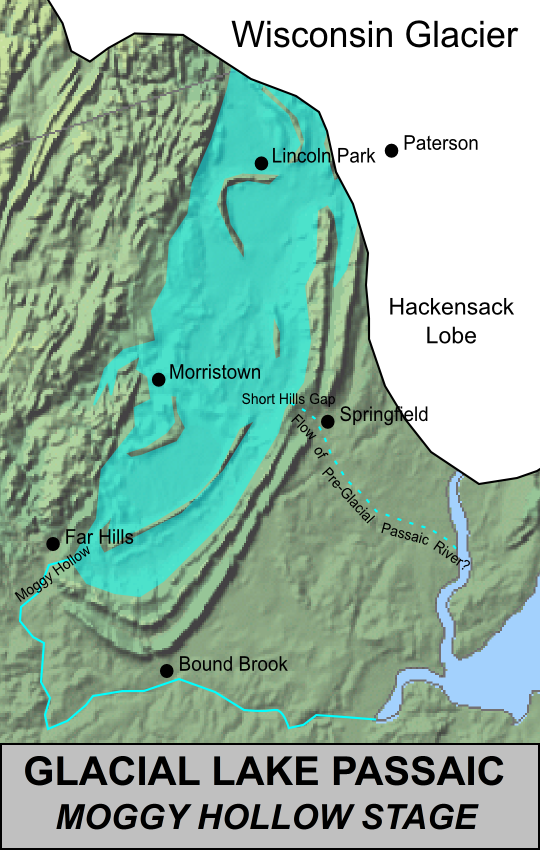 The image shows the approximate extent of the Moggy Hollow stage of Glacial Lake Passaic in New Jersey, USA.  During this stage, the previous drainage of the Passaic River through the Short Hills Gap in the Watchung Mountains had been blocked due to a moraine deposited by the retreating Wisconsin Glacier.  The river's water was forced to flood the expansive valleys west of the First and Second ridges of the Watchungs before exiting out from behind the mountains via a gap at Moggy Hollow.