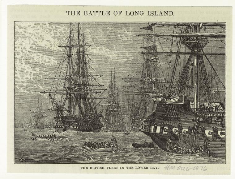 "The British fleet in the lower bay" depicts the invasion fleet under Admiral Howe assembling in lower New York Harbor off the coast of Staten Island in the summer of 1776, in preparation for the Battle of Long Island