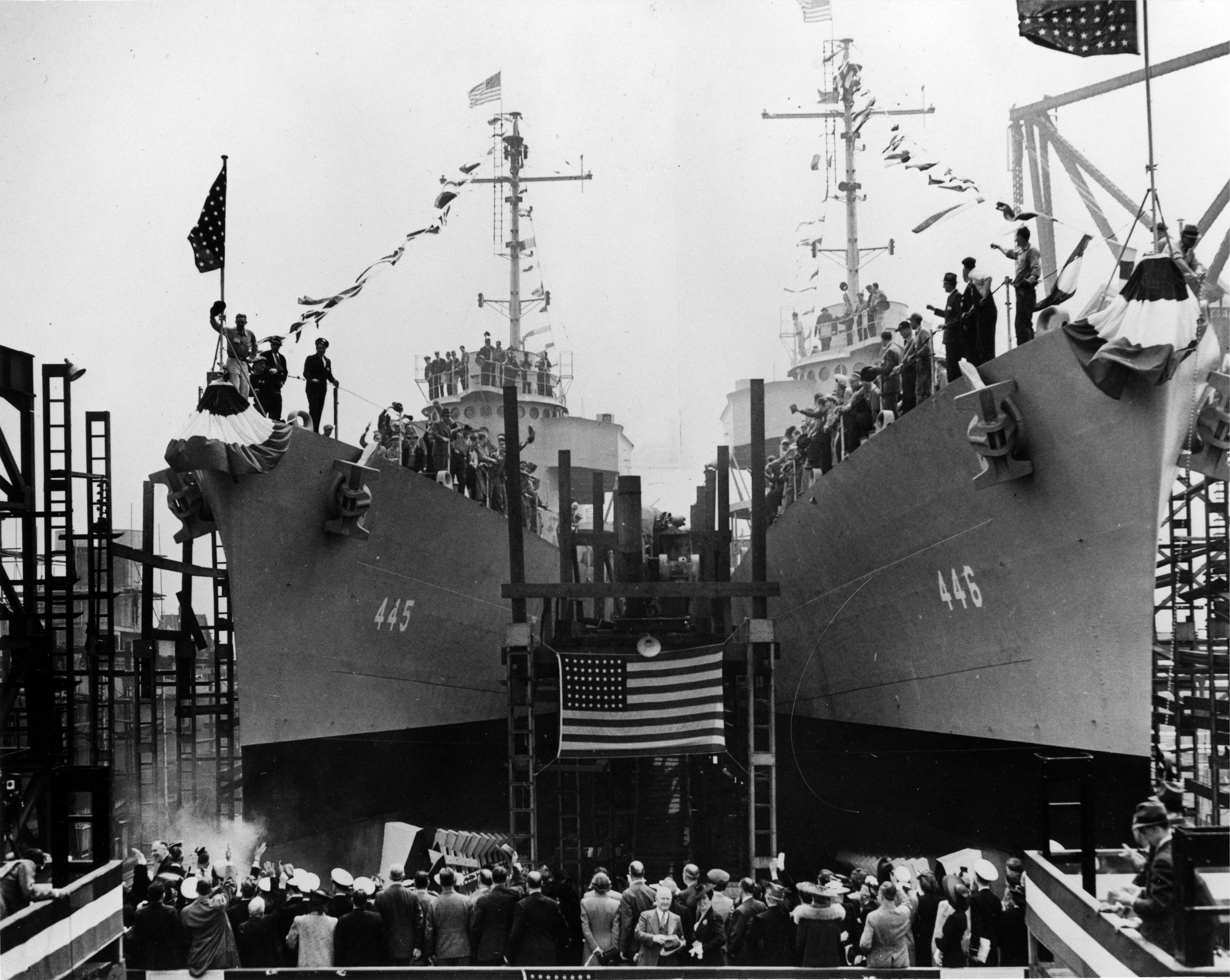 Launching of the U.S. Navy destroyers USS Fletcher (DD-445) and USS Radford (DD-446) at Federal Shipbuilding and Drydock Company, Kearny, New Jersey (USA), on 3 May 1942.
