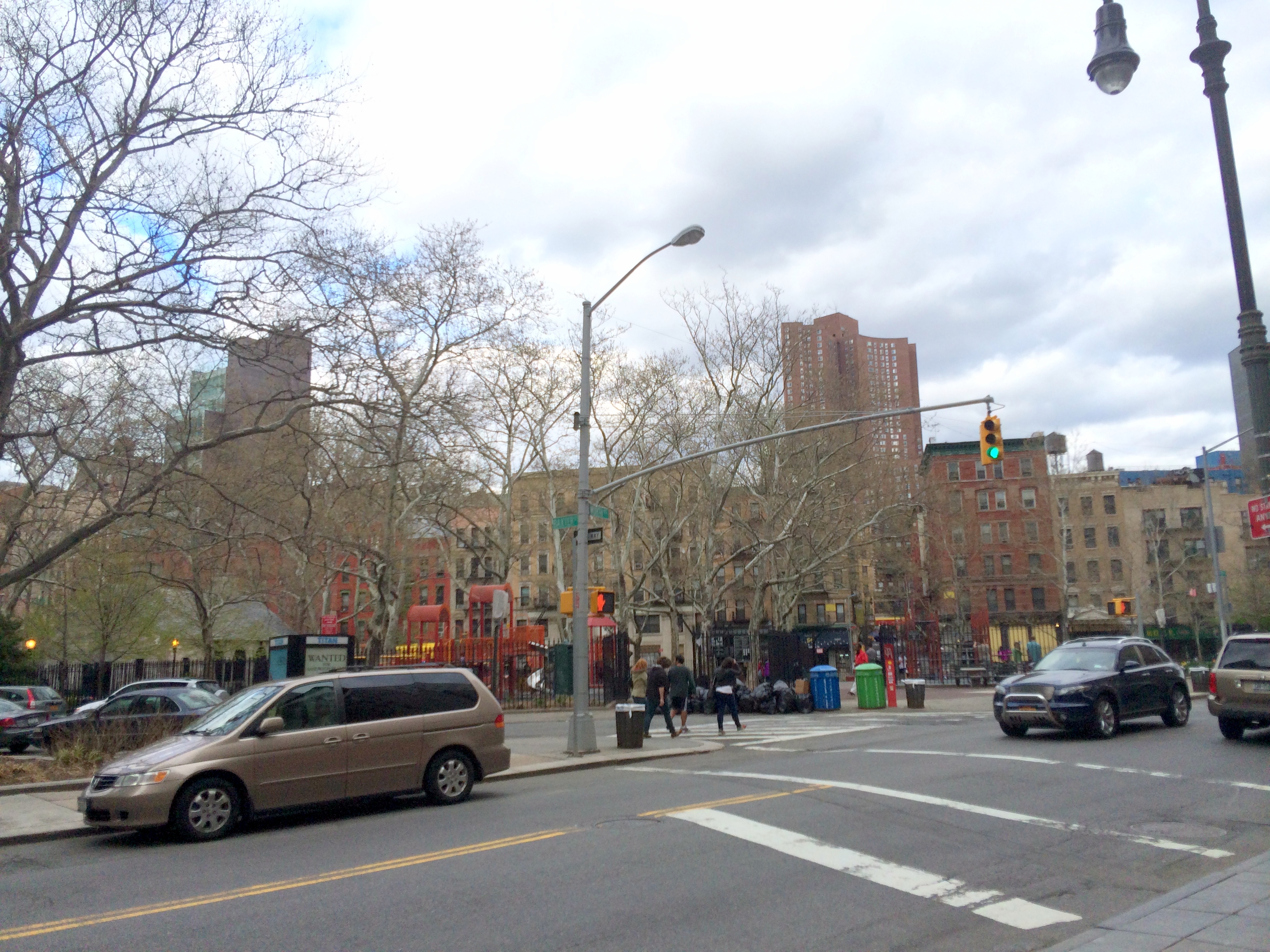 Five Points Intersection, New York City, in 2014.  In the 19th Century, Anthony Street, which is now Worth Street, is in the foreground, and the 19th century Orange, which is now Baxter, enters from the left. Columbus Park is in the background.