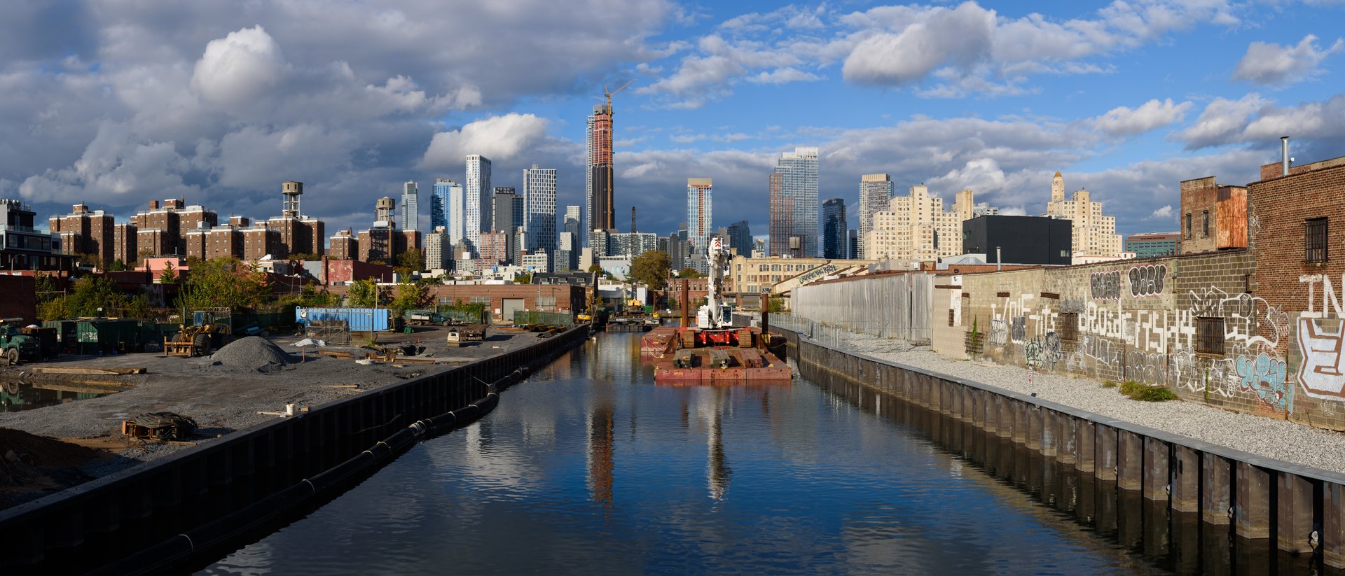 Five-segment panorama of Gowanus Canal, as viewed from Union Street Bridge, Gowanus, Brooklyn, New York City.