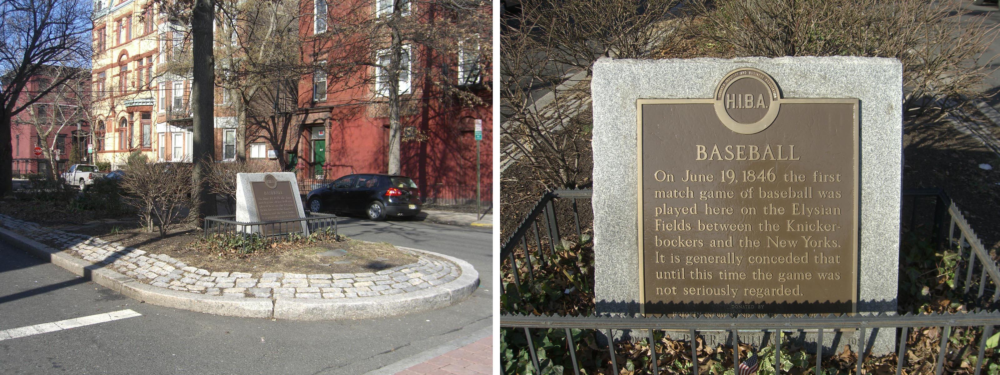 A historical marker at the intersection of 14th Street and Washington Street in Hoboken, New Jersey, the former location of Elysian Fields, where the first recorded game of baseball took place. Photo by Luigi Novi. This photo may be used for any purpose, provided that the photographer is visibly credited in each instance where it is used. For further information on the Licensing requirements (See Licensing information below), contact me here.