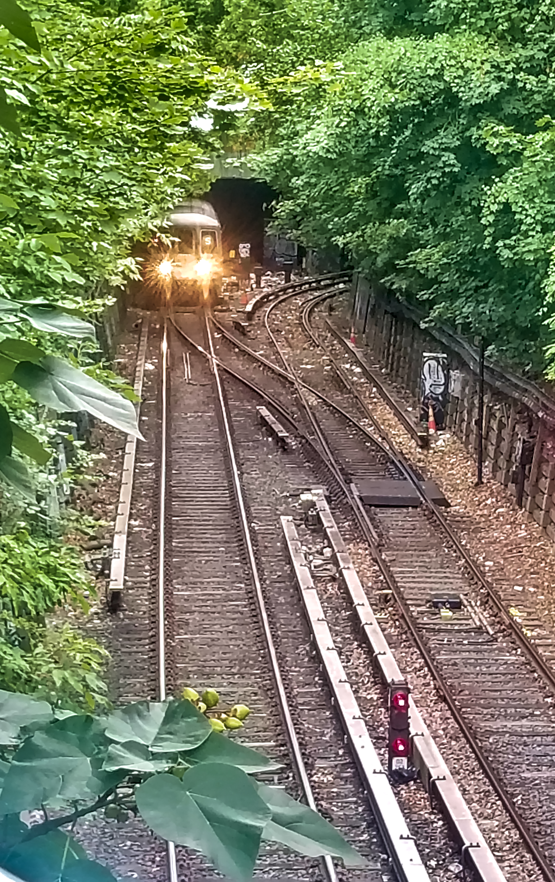 Photo of the BMT Franklin Avenue line, including the Franklin Avenue shuttle (S train), from Washington Ave, looking South, as the shuttle leaves Prospect Park station. To the right are the non-revenue tracks that curve, which was the location of the Malbone Street wreck.