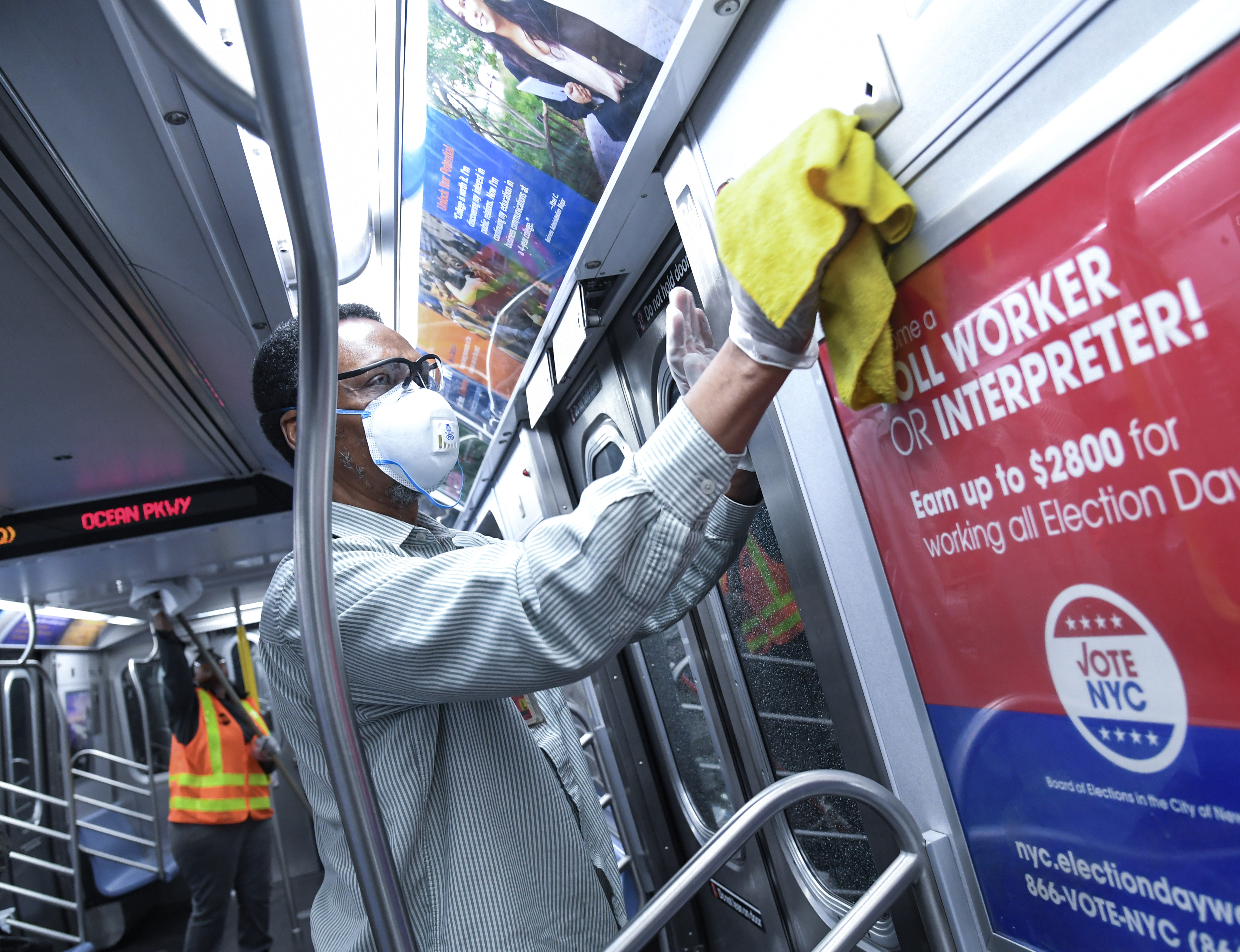 MTA New York City Transit personnel perform disinfectant sanitization aboard an R-160 train in the Coney Island Yard on Tue., March 3, 2020, as a precautionary measure in response to the novel coronavirus (COVID-19).

(Marc A. Hermann / MTA New York City Transit)