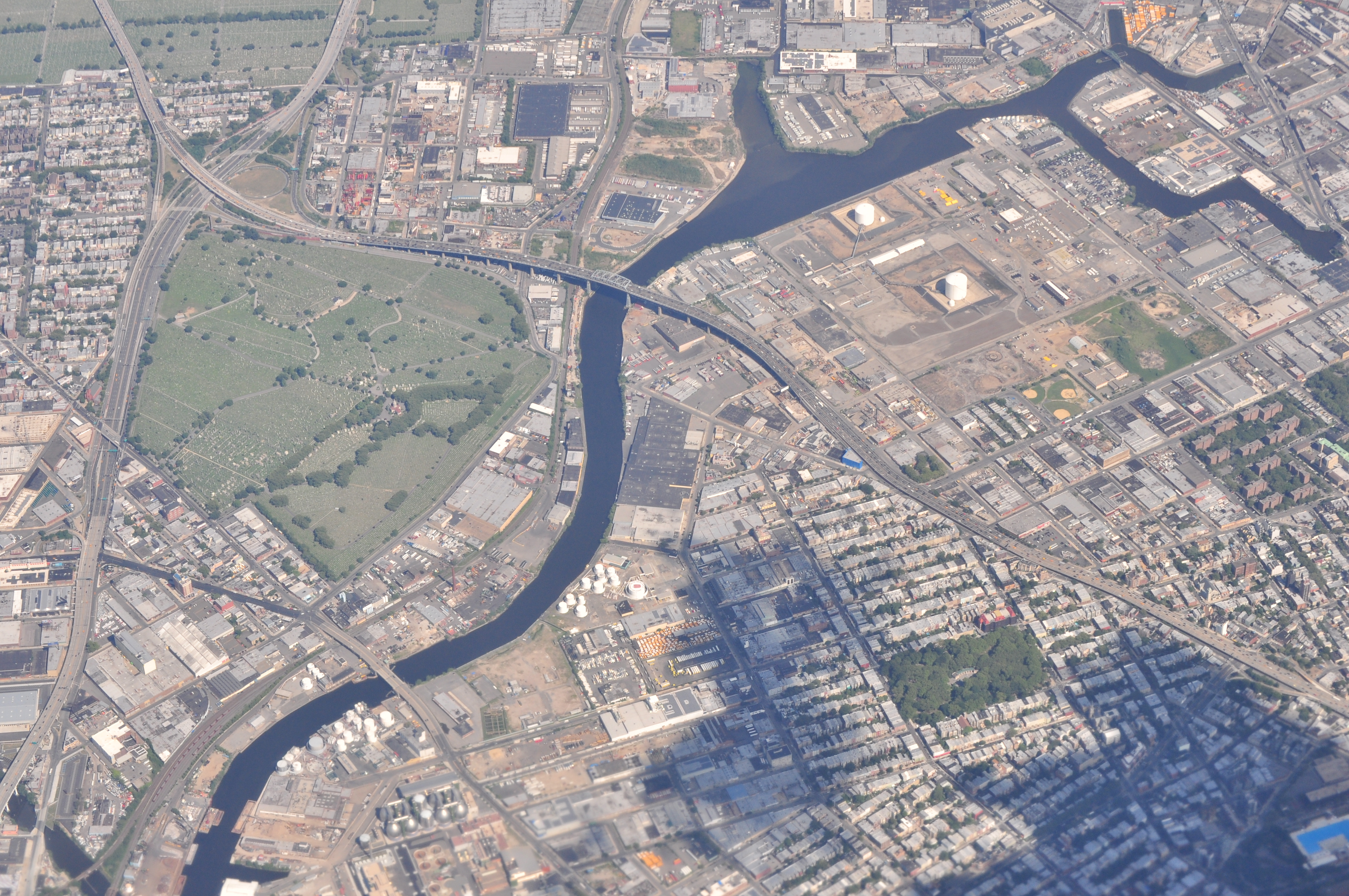 Aerial photo of Newtown Creek, Queens, NY. View looking east.