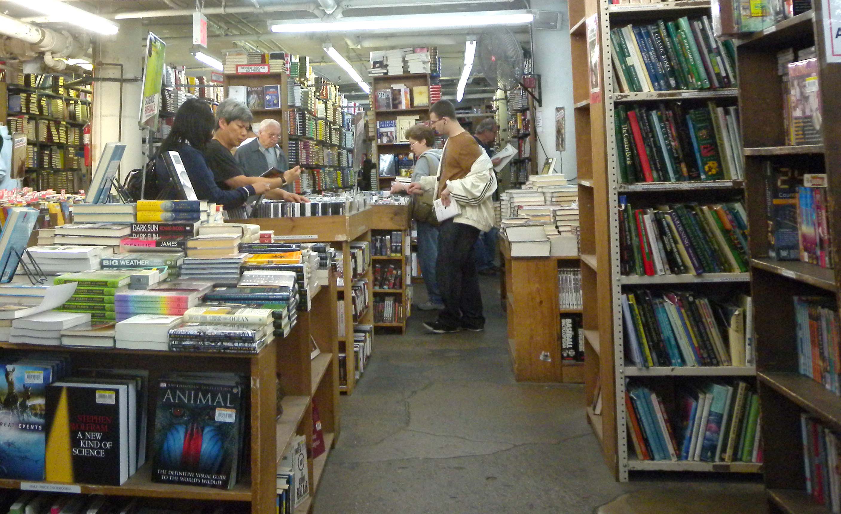Looking east in the basement sales table area of the Strand Bookstore. See also File:Strand Book Store.jpg