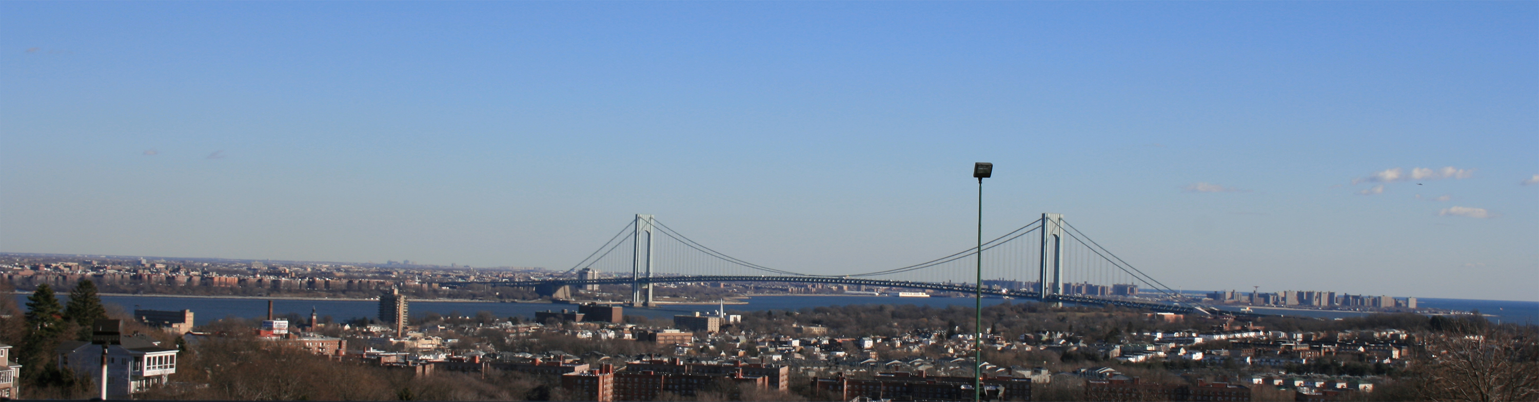 Verrazano-Narrows Bridge in New York City (likely shot from the campus of Wagner College, Staten Island)