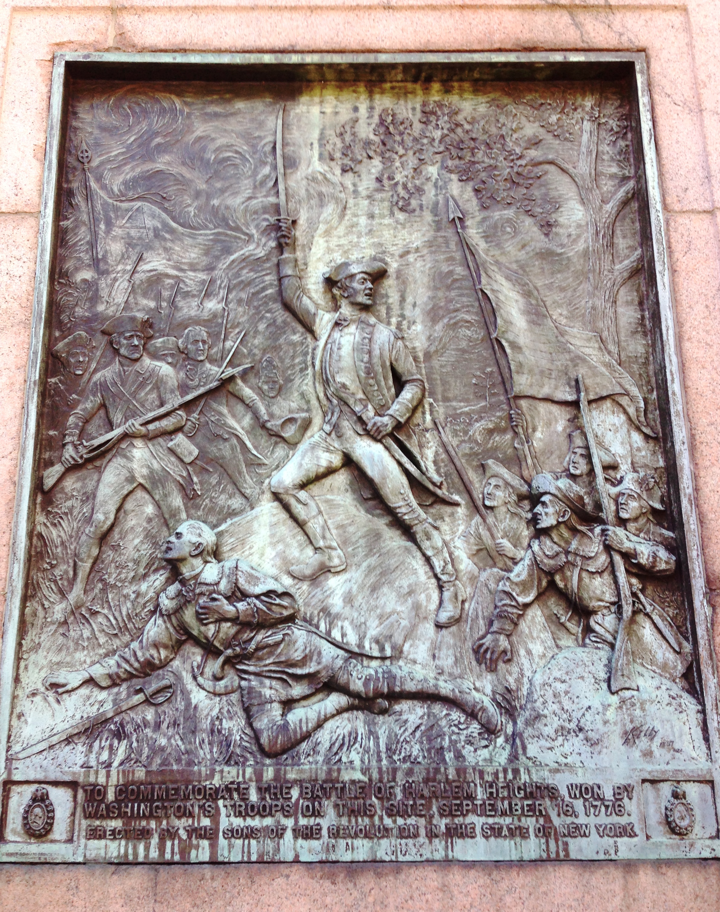 A plaque commemorating the Battle of Harlem Heights in the American Revolutionary War, which took place on September 16, 1776. The battle was won by Washington's troops.  The plaque is located on the outside wall of Columbia University's Department of Mathematics building, at Broadway near where West 117th Street would be located.  The plaque was erected by the Sons of the Revolution in the State of New York.  The battle primarily took place around West 120th Street.