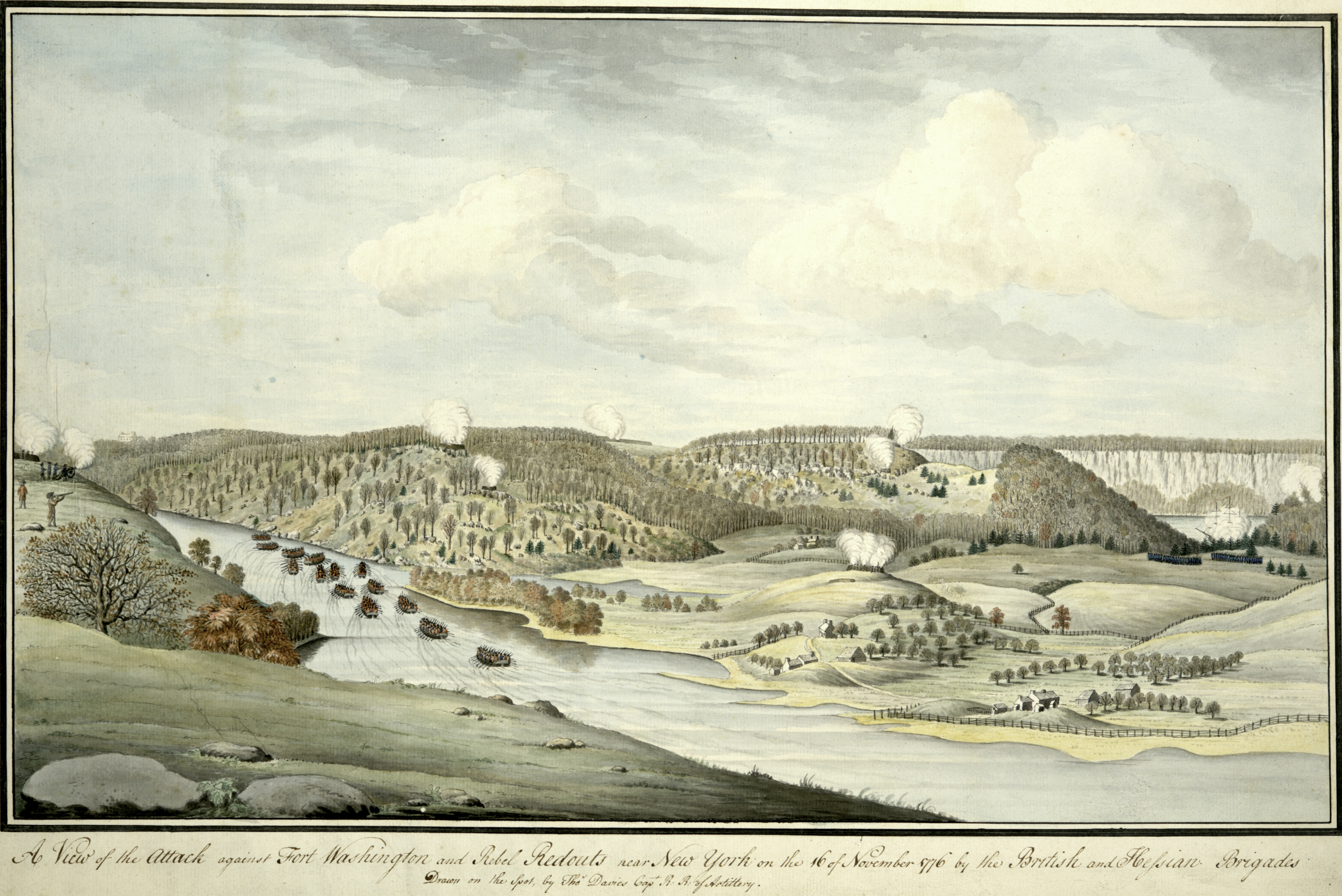 Contemporaneous view drawn by British officer Thomas Davies of the attack against Fort Washington on November 16, 1776. Shows artillery fire on the fort and redoubts as well as several boats of soldiers in the river. The New Jersey Palisades and the Hudson River are also shown in the background.