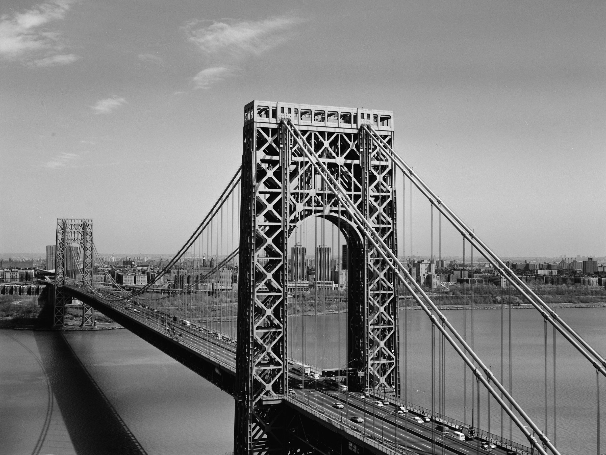 Looking east at the George Washington Bridge, spanning the Hudson River between New York City and New Jersey.View from top of New Jersey Tower to New York Tower.