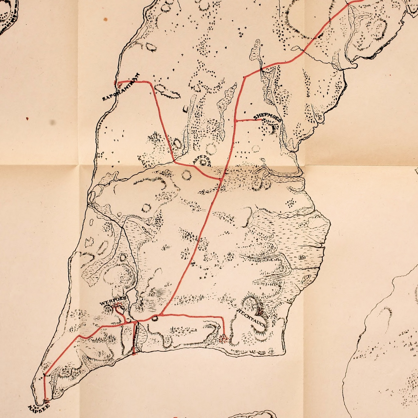 From the book, "Indian paths in the great metropolis" by Reginald Pelham Bolton, published by the New York Museum of the American Indian and Heye Foundation, 1922.  Photo of portion of a fold-out map insert.