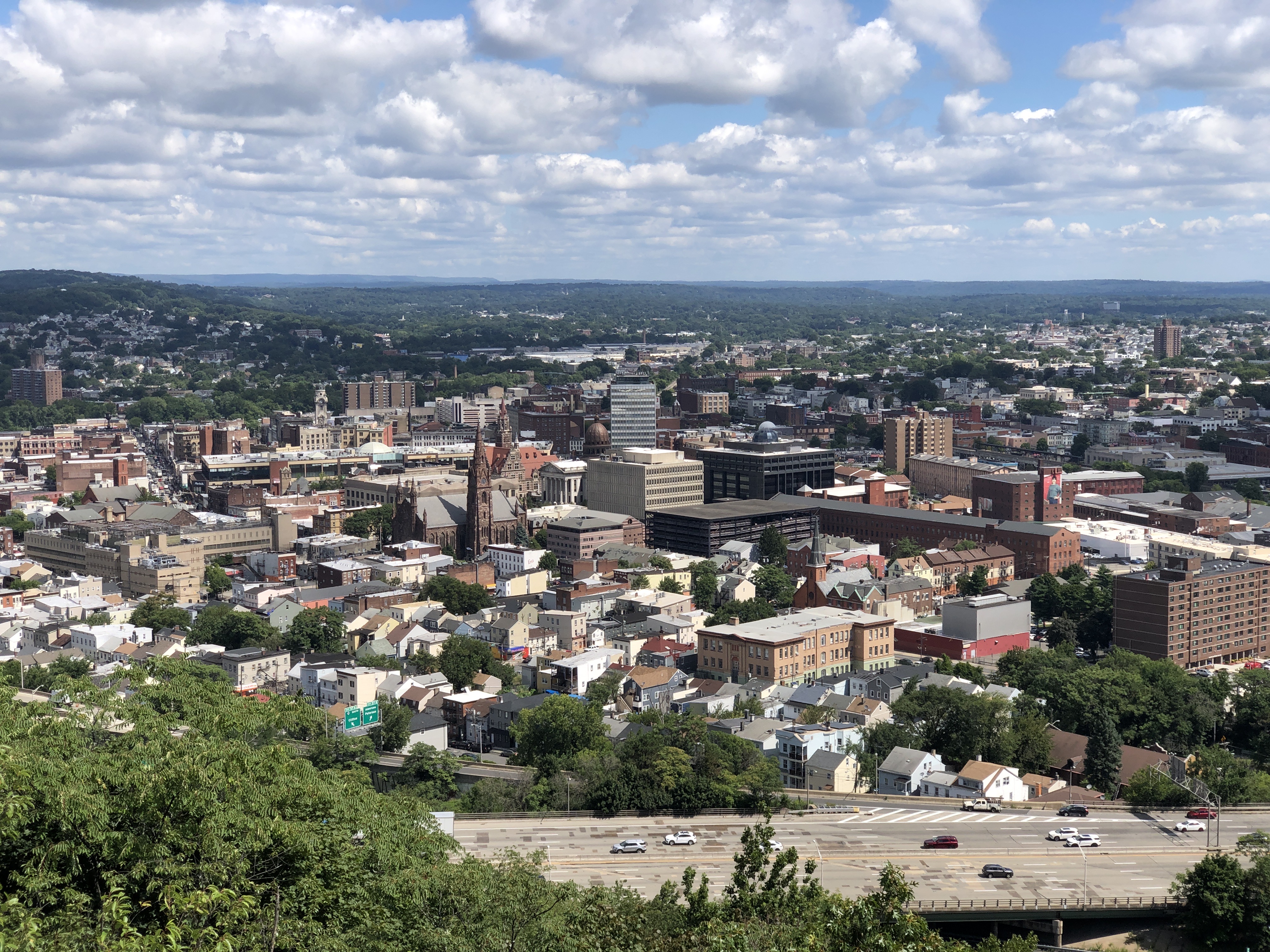 View north-northeast towards downtown Paterson from the main overlook within the Garret Mountain Reservation in Paterson, Passaic County, New Jersey