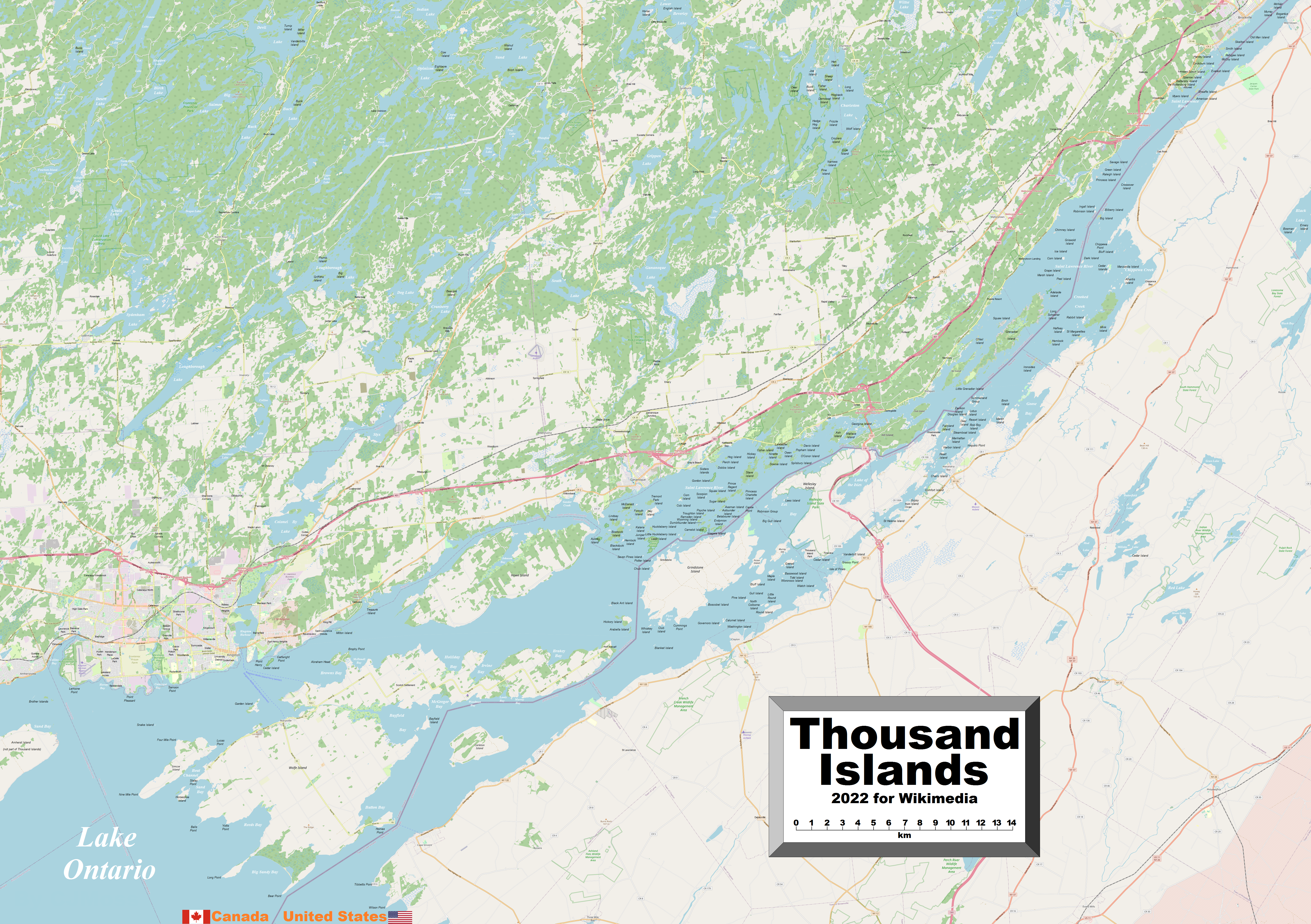 This map of the Thousand Islands shows the islands' towns, villages and some other geographical details, and is likely the most comprehensive map of the islands in this respect that you'll find anywhere online. It has been stitched together from panels of Open Street Map (which is freely licensed to all) with details plotted by the uploader.