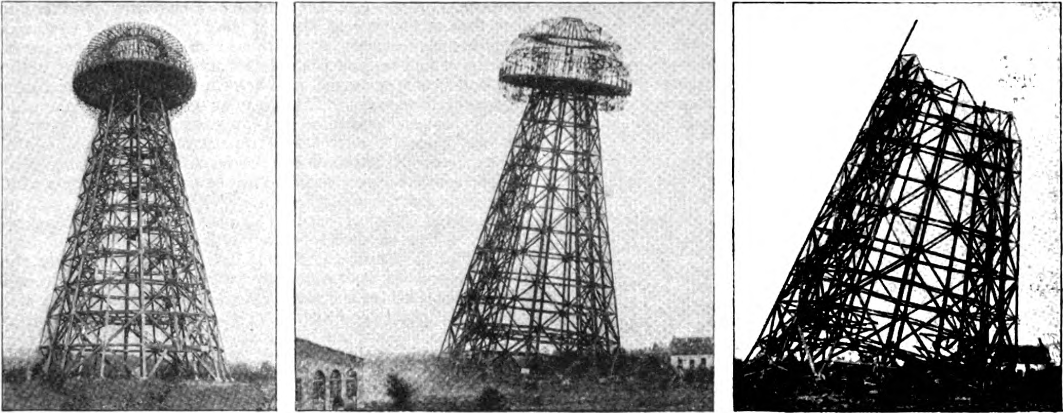 Tesla's Wardenclyffe tower on Long Island in partial stage of demolition. On July 4, 1917 the Smiley Steel Company of New York began demolition of the tower by dynamiting it but it took till September to totally demolish it. Tesla built it in 1901-1903 and sold it to investors as a wireless communication center. He also wanted to demonstrate wireless transmission of electrical energy. Tesla ran out of funding before he could finish it.