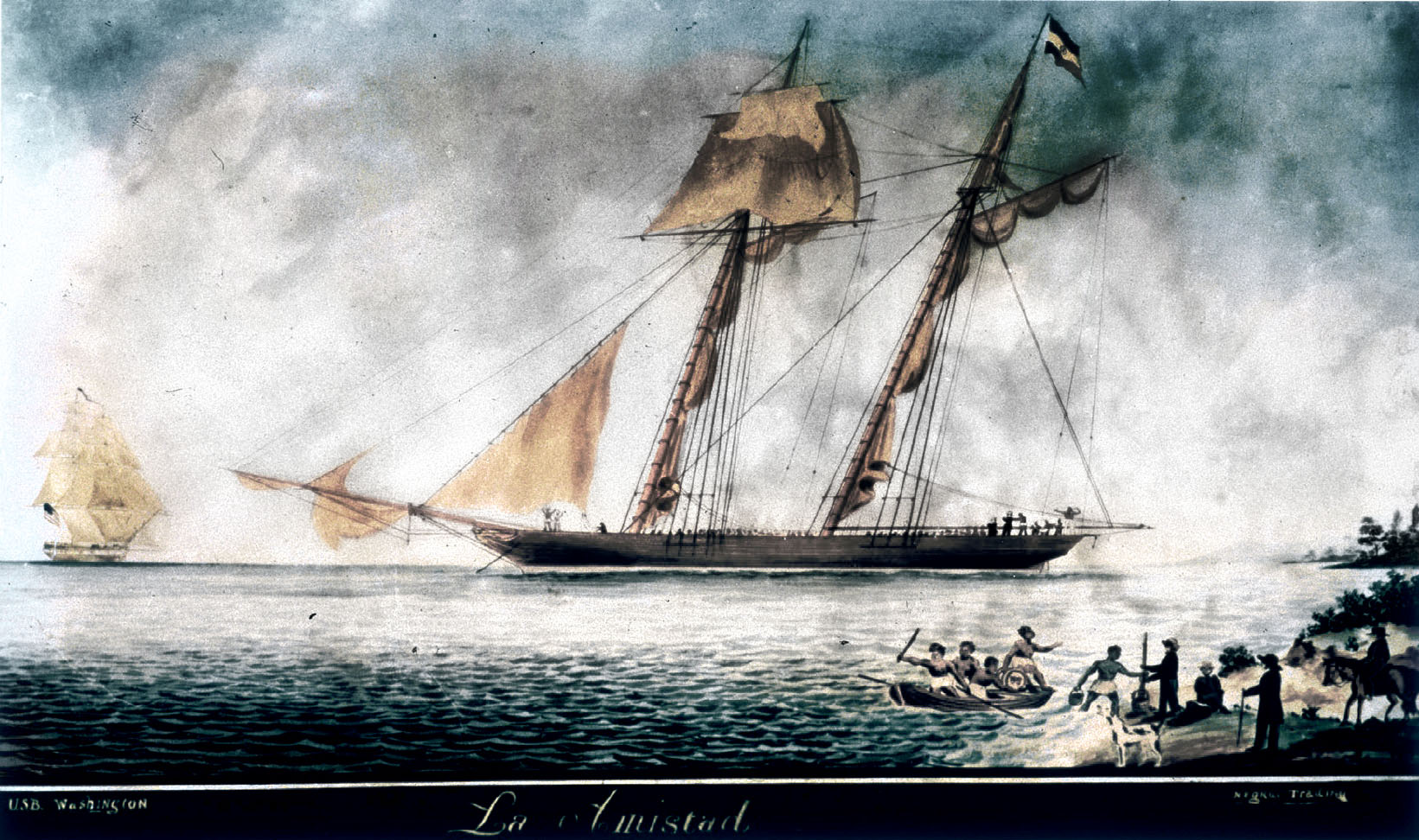 Contemporary painting of the sailing vessel La Amistad off Culloden Point, Long Island, New York, on 26 August 1839; on the left the USS Washington of the US Navy (oil painting)