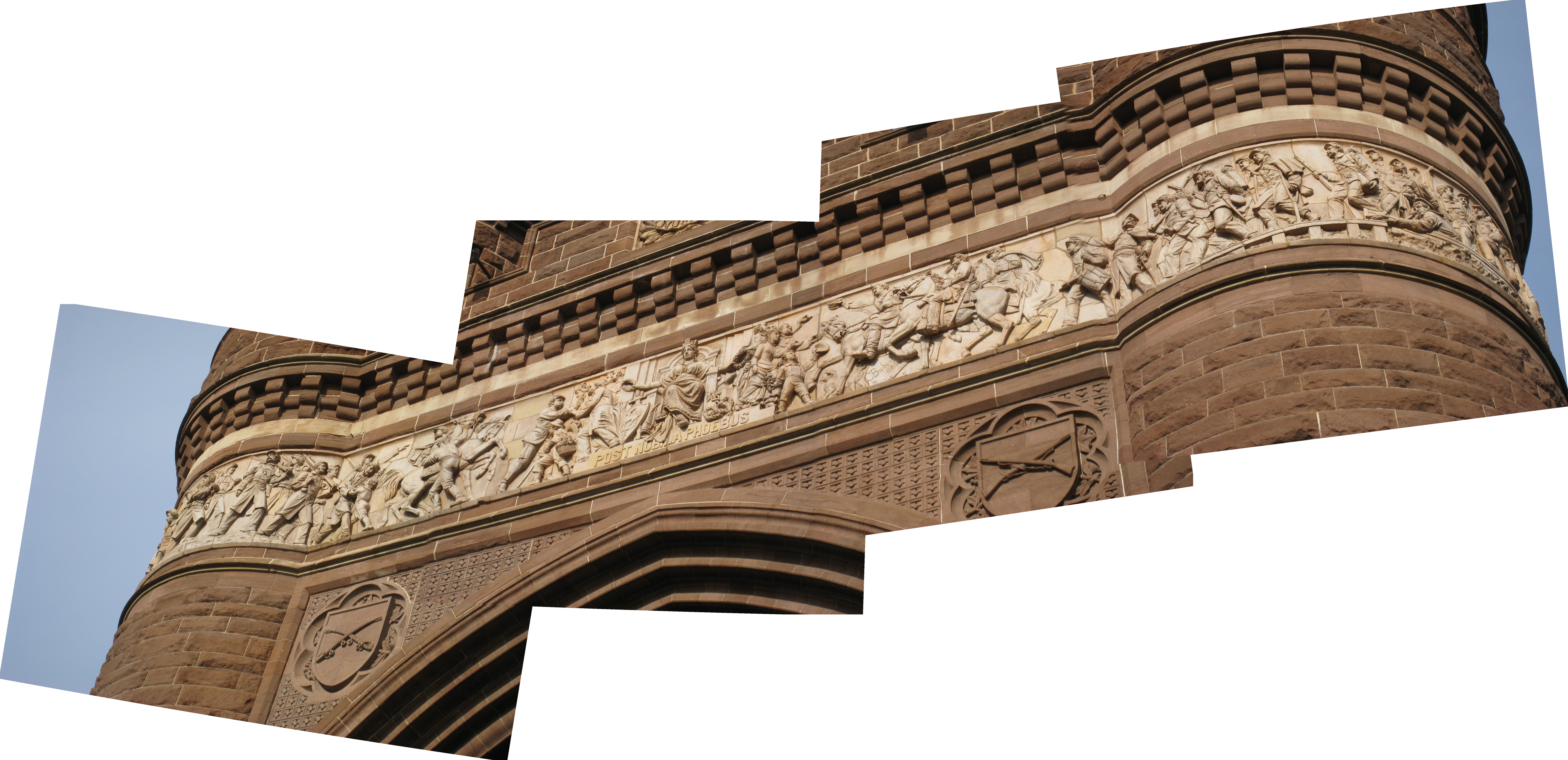 Frieze (south side), Soldiers and Sailors Memorial Arch, Bushnell Park, Hartford, Connecticut, USA. This is a composite image stitched together from a series of photographs. This frieze was created in 1885, and hence is no longer subject to any form of copyright restrictions. According to records in the Smithsonian Institute, the south frieze was carved by Caspar Buberl (1834-1899) which matches the signature on the frieze. Again, copyright has expired since he died more than 70 years ago.