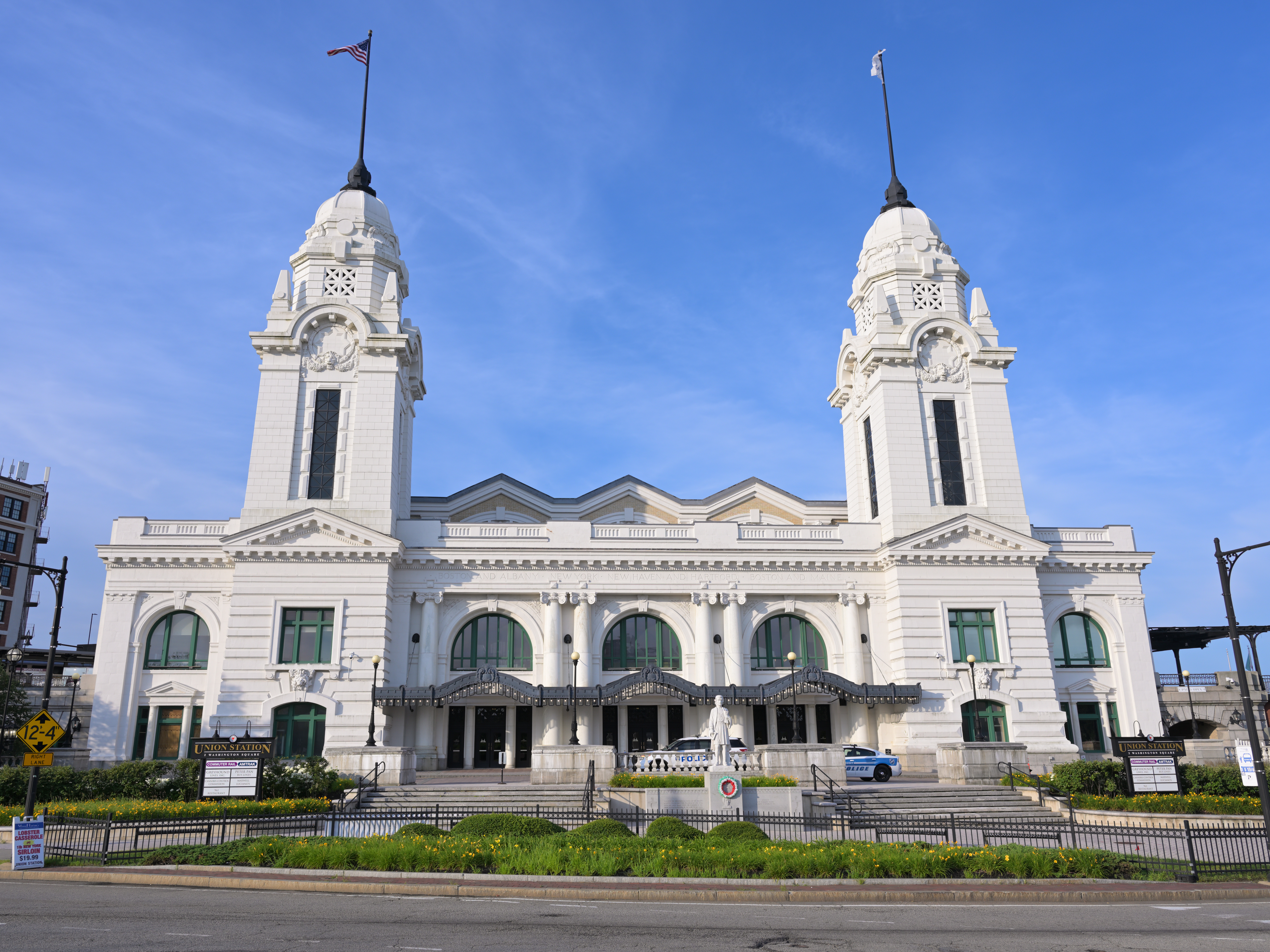 Worcester Union Station, as seen from the traffic island at Washington Square in the early morning.