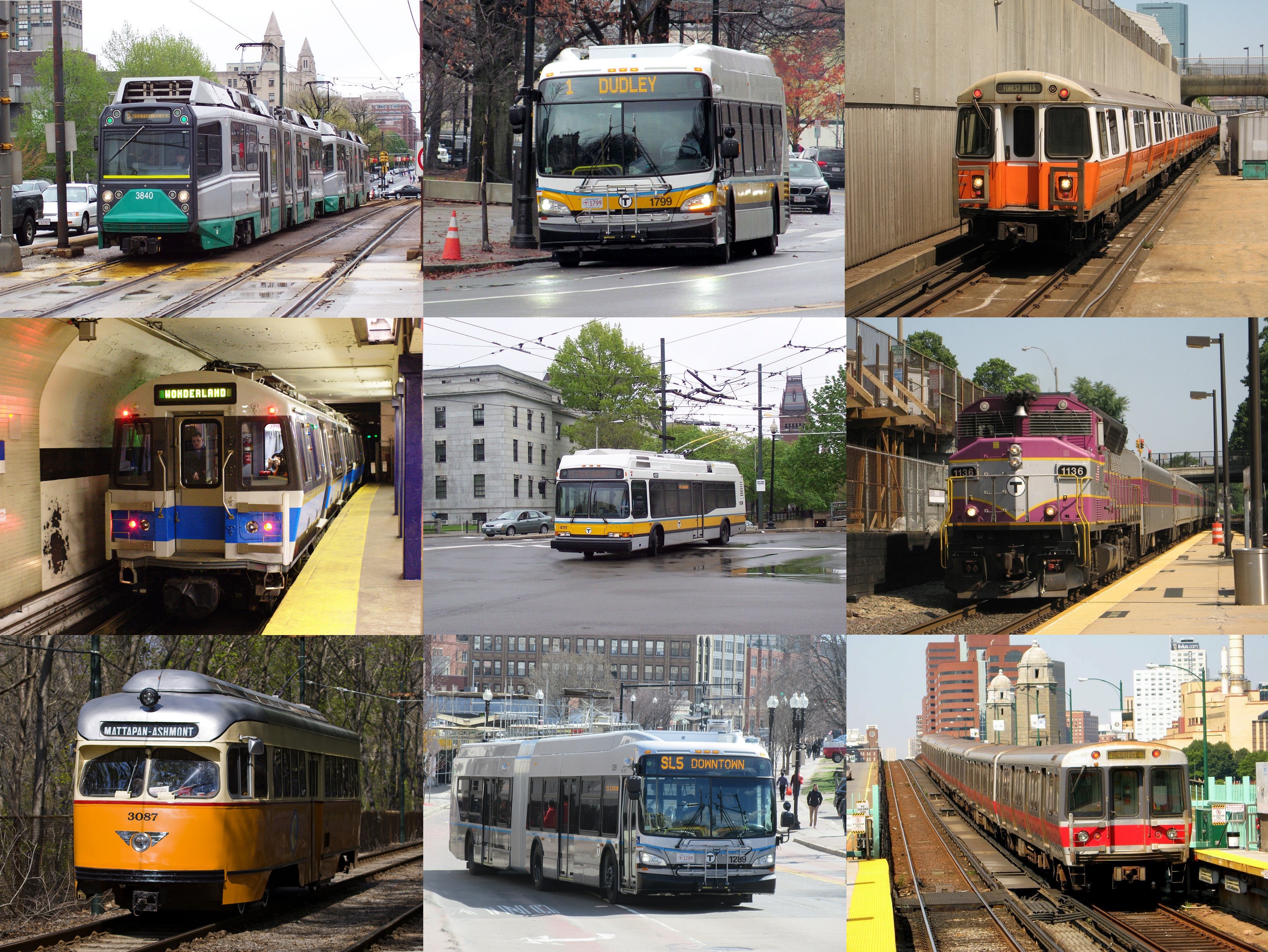 Examples of all MBTA services except for MBTA Boat. This has been designed primarily for the infobox at the top of the Massachusetts Bay Transportation Authority page on Wikipedia, a topic of public interest.

Top row:
Left: Green Line Breda Type 8 LRV #3840 is stopped for a red light at Commonwealth Avenue and Carlton Street on the B.
Center: New Flyer XDE40 bus #1799 on route 1 at MIT.
Right: Orange Line Hawker Siddeley #12 Main Line train led by #01240 enters Ruggles Station.
Center row
Left: The first Blue Line #5 East Boston train in revenue service at Government Center
Center: Neoplan AN440LF trackless trolley #4111 exits the Harvard Tunnel on the 71.
Right: EMD GP40MC #1136 pulls Train 465 into Porter Station.
Bottom row
Left: St. Louis Car PCC car #3087 on the Ashmont-Mattapan Line.
Center: New Flyer XDE60 #1289 on SL5 route on Washington Street.
Right: #3 Red Line train leaves Charles/MGH over the Longfellow Bridge.