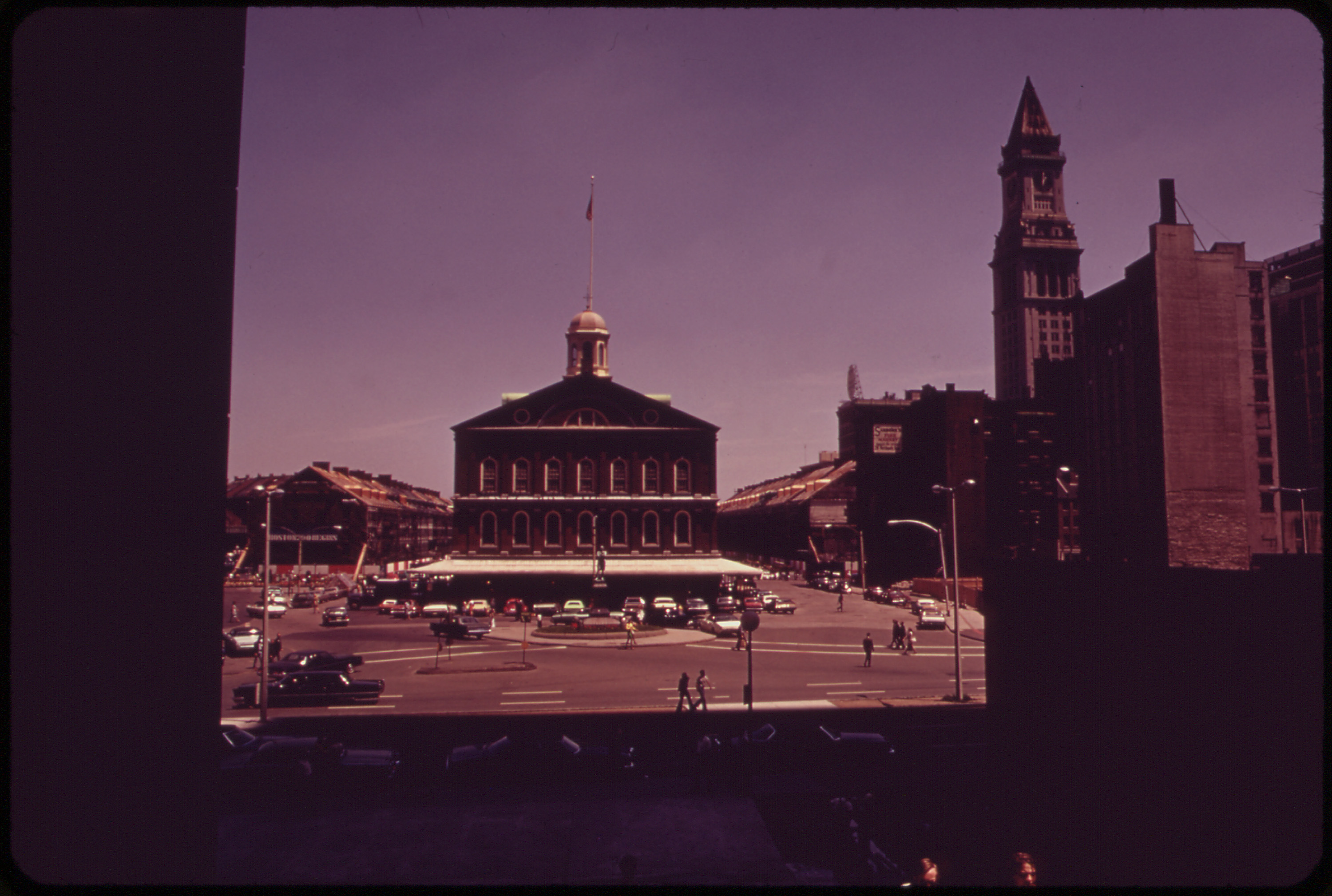 Faneuil Hall (center) and Customs House Tower (right) in Boston, Massachusetts in May 1973. Photographer: Ernst Halberstadt.