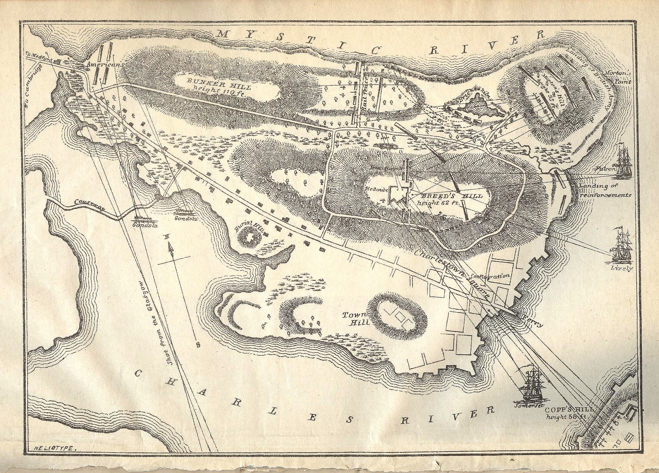 An illustrated map of the battle ground of Battle of Bunker Hill on Charlestown peninsula, encompassing Bunker and Breed's Hills. (George E Ellis. History of the Battle of Bunker's [Breed's Hill] on June 17,1775.... Boston:1875).